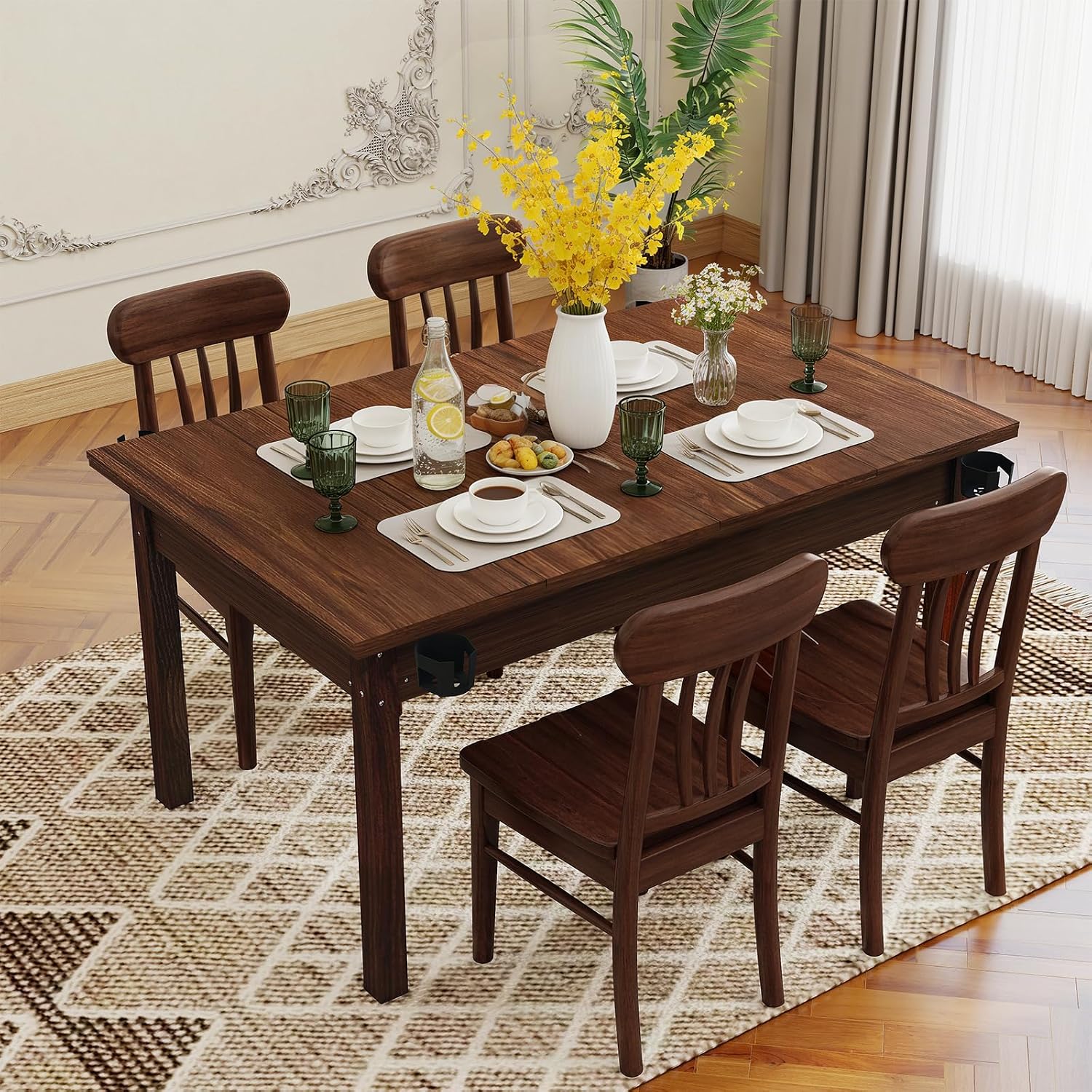 63'x40' Board Game Table with Rotating Cup Holders for 4 Players, Gaming Dining Table with Removable Table Top & Non-Slip Play Mat, Multifunctional Table with for DND/Poker/Mahjong/Card Games