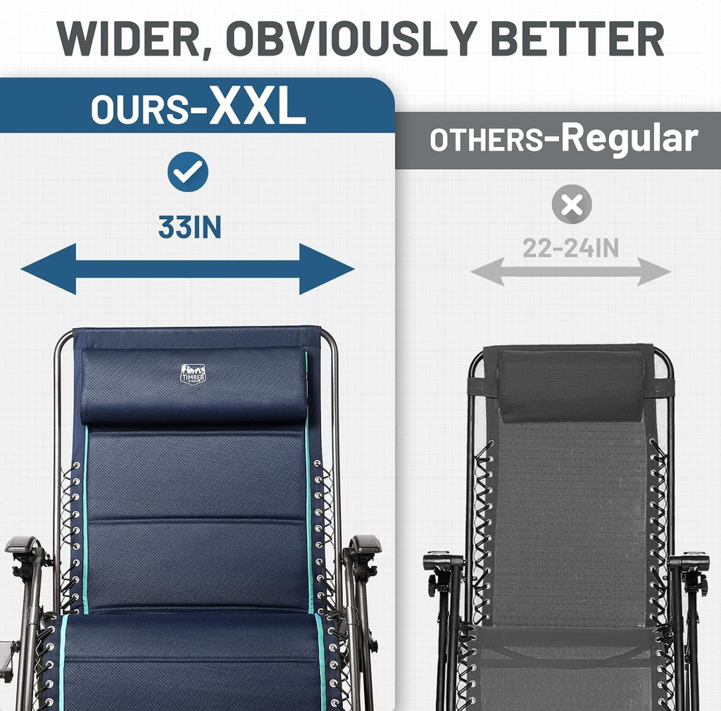 Timber Ridge Oversized Zero Gravity Chair, 33In Wide XXL Zero Gravity Reclining Chair with Side Table, Full Padded Lounge Chair for Outdoor Camping Patio Lawn, Heavy Duty Supports 500lbs, Blue-1 Pack