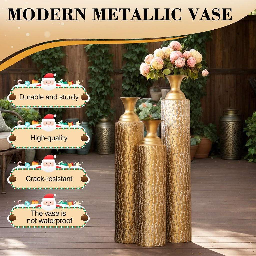 Set of 3 Gold Metal Decorative Vases – 34'/29'/25' Tall Distressed Centerpiece Vases, Gold Floral Pattern, Tall Metal Standing Vase for Home Decor(Golden Willow)