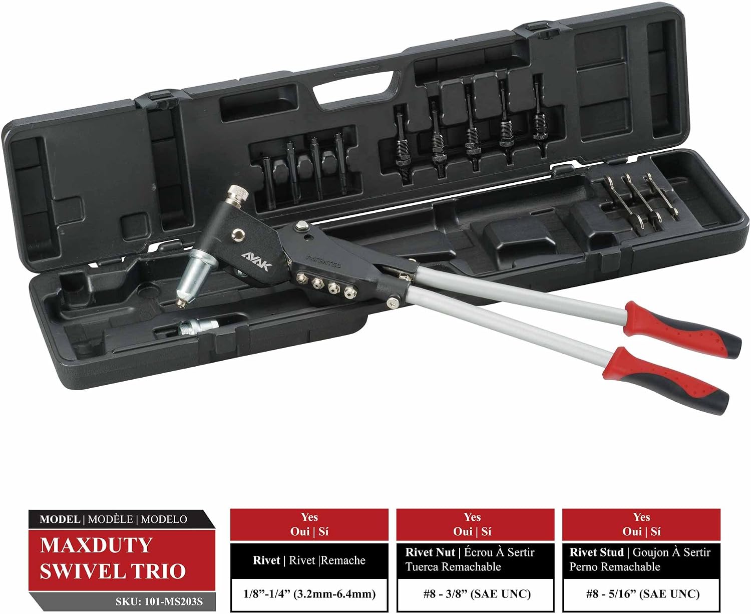 AVAK MaxDuty Swivel TRIO - 3-in-1 360° Heavy Duty Swivel Head Fastening Tool for 1/4' Rivet, 3/8' Blind Rivet Nut and 5/16' Rivet Stud. (Standards UNC)