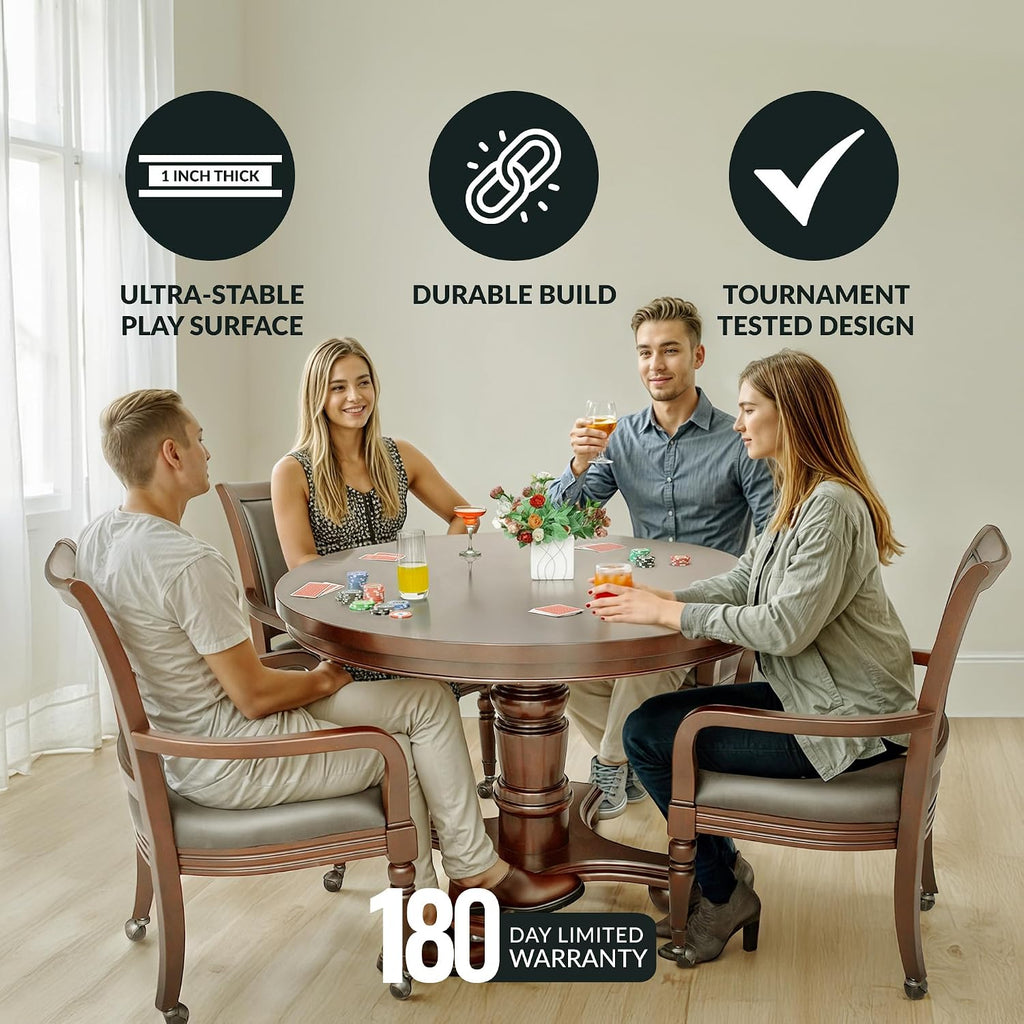 Hathaway Bridgeport 2 in 1 Round Poker Table and Chairs Set for Dining & Game Rooms – Furniture Grade Hardwood, Sturdy Pedestal Legs, Drink Holders, Chip Slots – Includes 4 Poker Table Chairs - Walnut