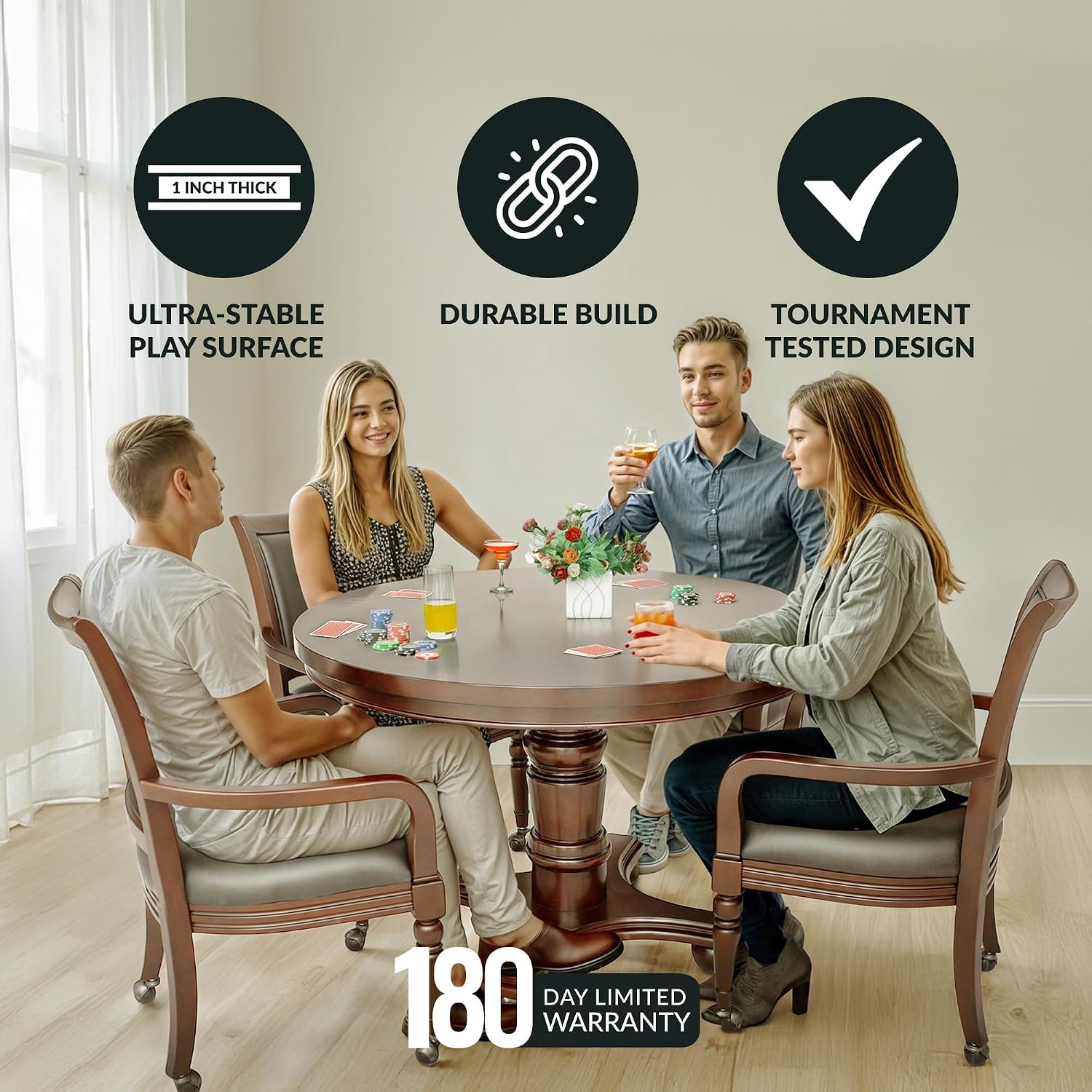 Hathaway Bridgeport 2 in 1 Round Poker Table and Chairs Set for Dining & Game Rooms – Furniture Grade Hardwood, Sturdy Pedestal Legs, Drink Holders, Chip Slots – Includes 4 Poker Table Chairs - Walnut