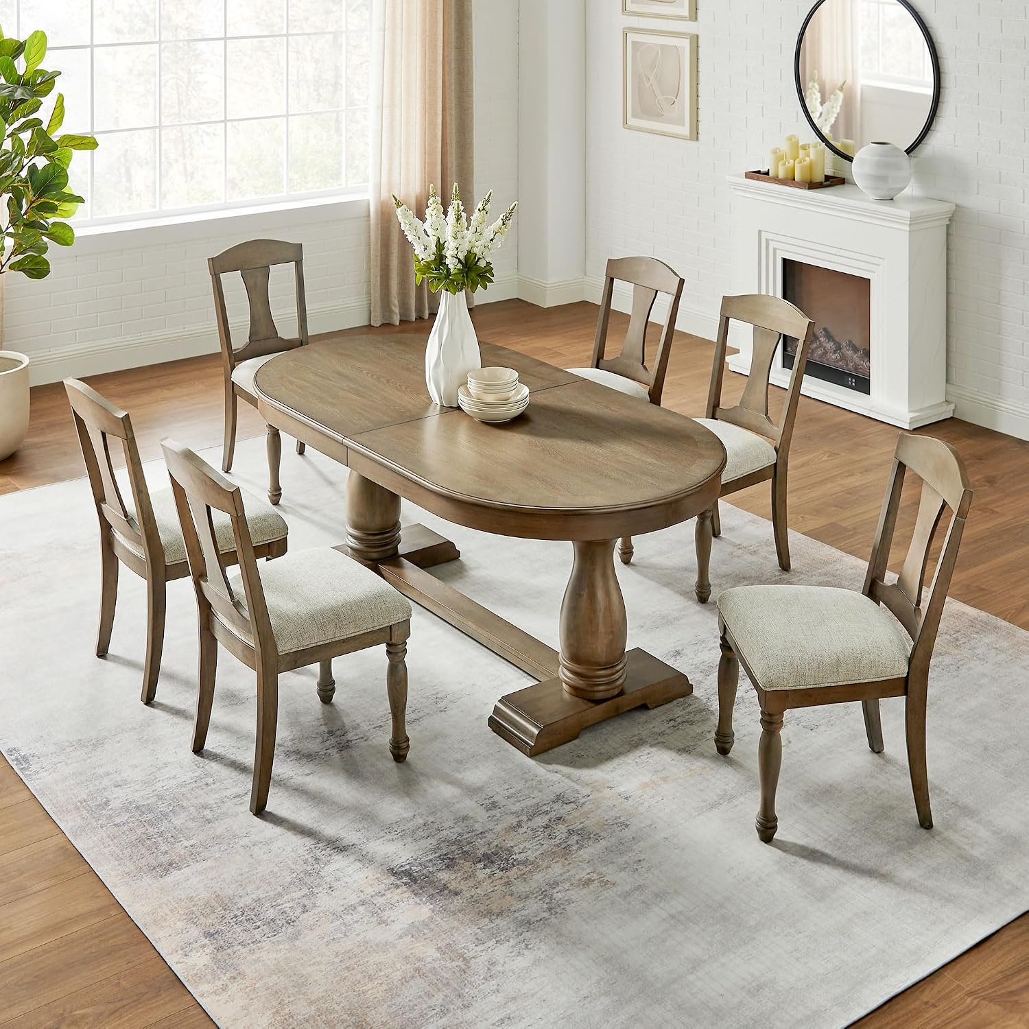 7-Pcs 94.06'' Extendable Wood Dining Table Set, Oval Large Kitchen Table & 6 Upholstered Chairs, Modern Mid-Century Style, White Oak