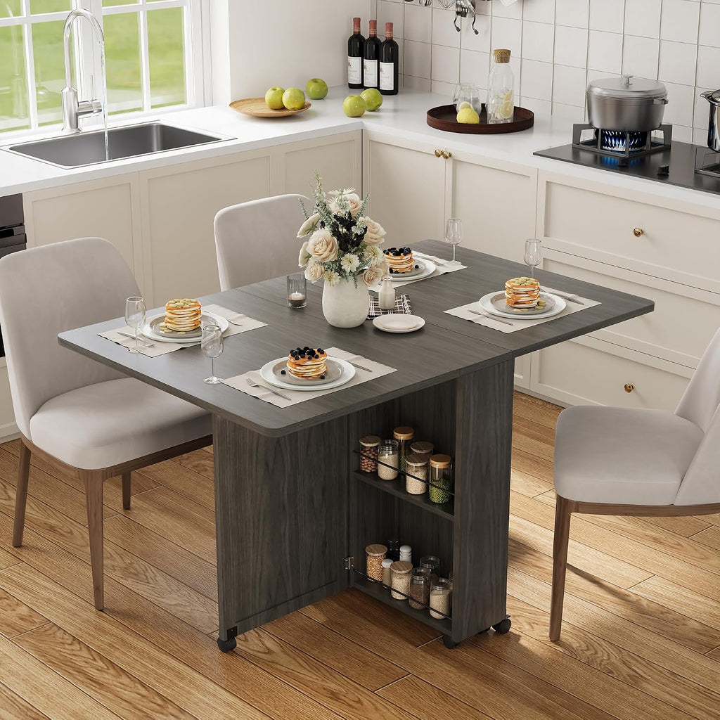 Garvee Folding Dining Table with Storage, Folding Kitchen Table with 6 Wheels, Drawer & Shelves, Compact Dining Table for Small Spaces