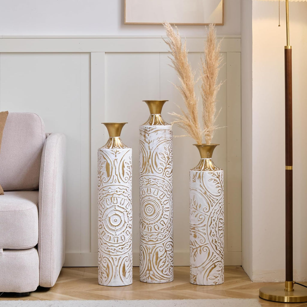 Metal Floor Vase Set - 3D Floral Relief Cylinder Vases for Living Room, Entryway & Office Decor, 24in/28.7in/33.5in Rustproof Tall Standing Home Décor (White+Gold Pattern)