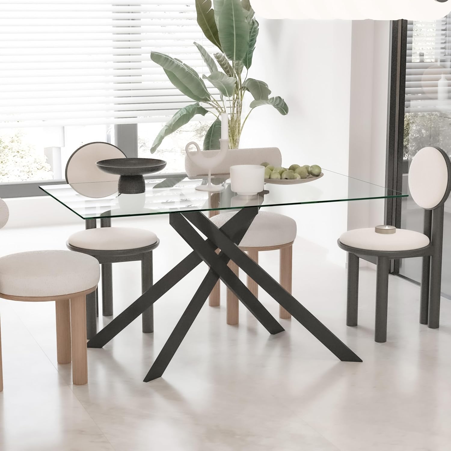 51.18' Rectangular Glass Dining Table, Tempered Glass Kitchen Tabe with Metal Legs, Stylish and Sturdy Dinner Table for Home and Outdoor Dining (Black, 51.18'')