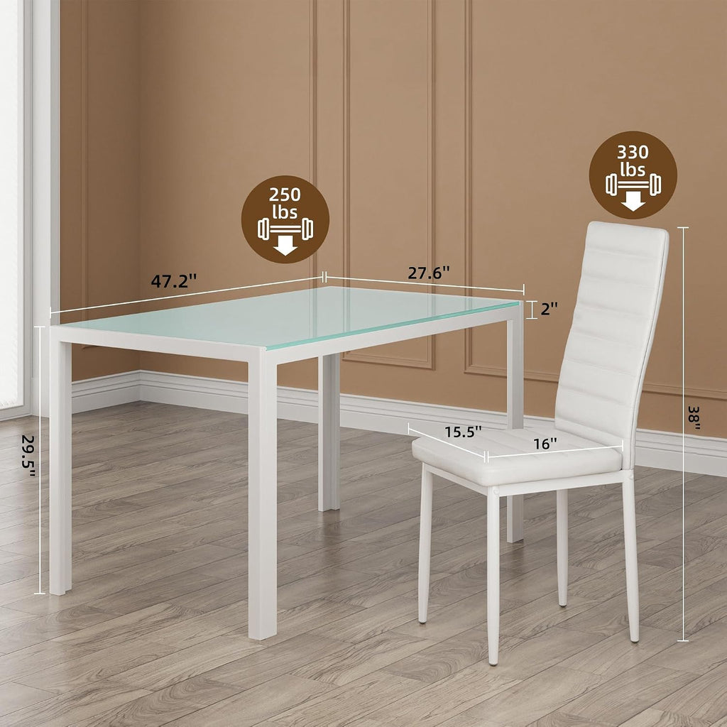 Bealife Kitchen Dining Table Set for 4, Tempered Glass 5 Piece Table and Chairs Set Modern for Home, Kitchen, Living Room, Dining Room, White