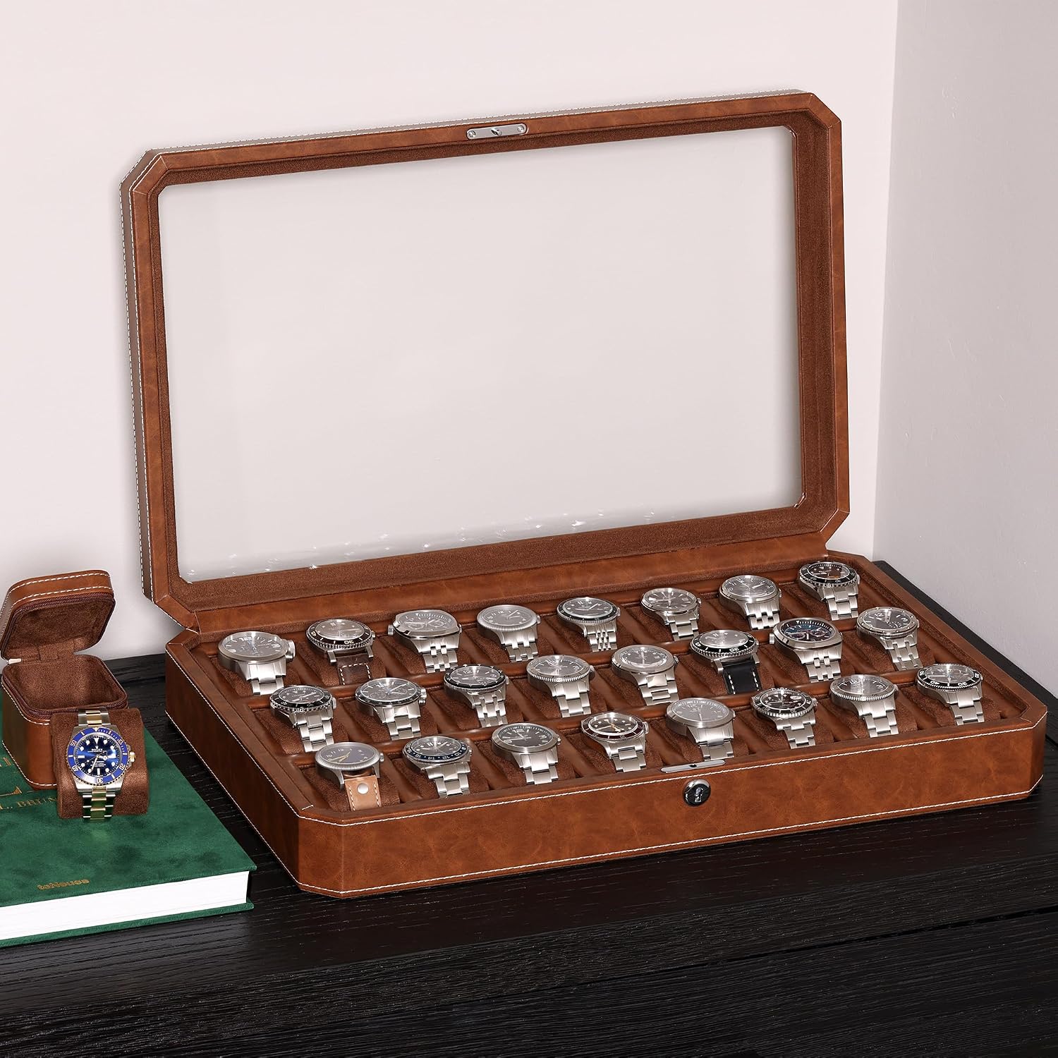 ROTHWELL 24 Slot Watch Case with Lock – Luxury Watch Box to Display and Organize Your Collection | Real Glass Top | Premium Storage for Collectors (Tan/Brown)