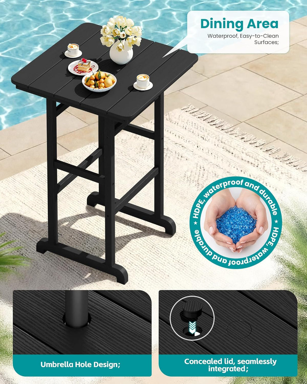 SERWALL 4 Pieces Outdoor Patio Bar Set with 9ft Umbrella, Outdoor HDPE Barstool and Table Furniture Set with Patio Umbrella, Black