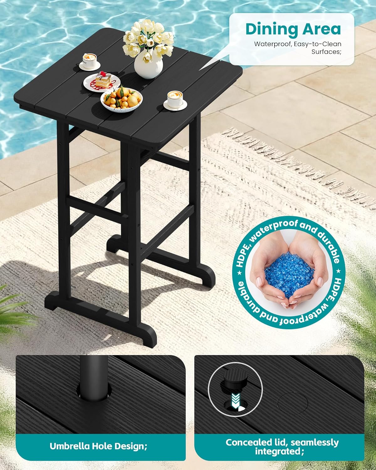 SERWALL 4 Pieces Outdoor Patio Bar Set with 9ft Umbrella, Outdoor HDPE Barstool and Table Furniture Set with Patio Umbrella, Black