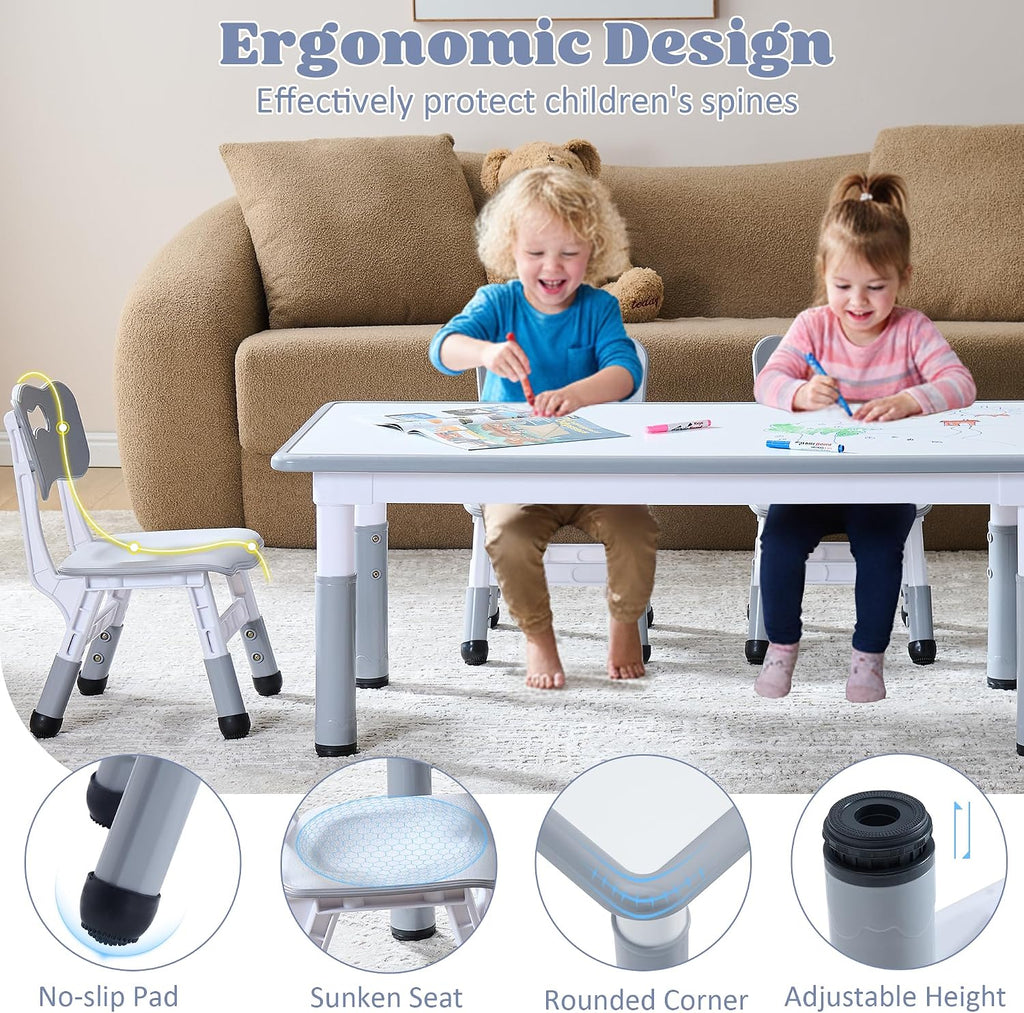Kids Table and 4 Chairs Set, Height Adjustable Toddler Table and Chair Set, Toddler Desk with Graffiti Desktop & Non-Slip Legs, Children Activity Table for Daycare, Classroom (Grey)