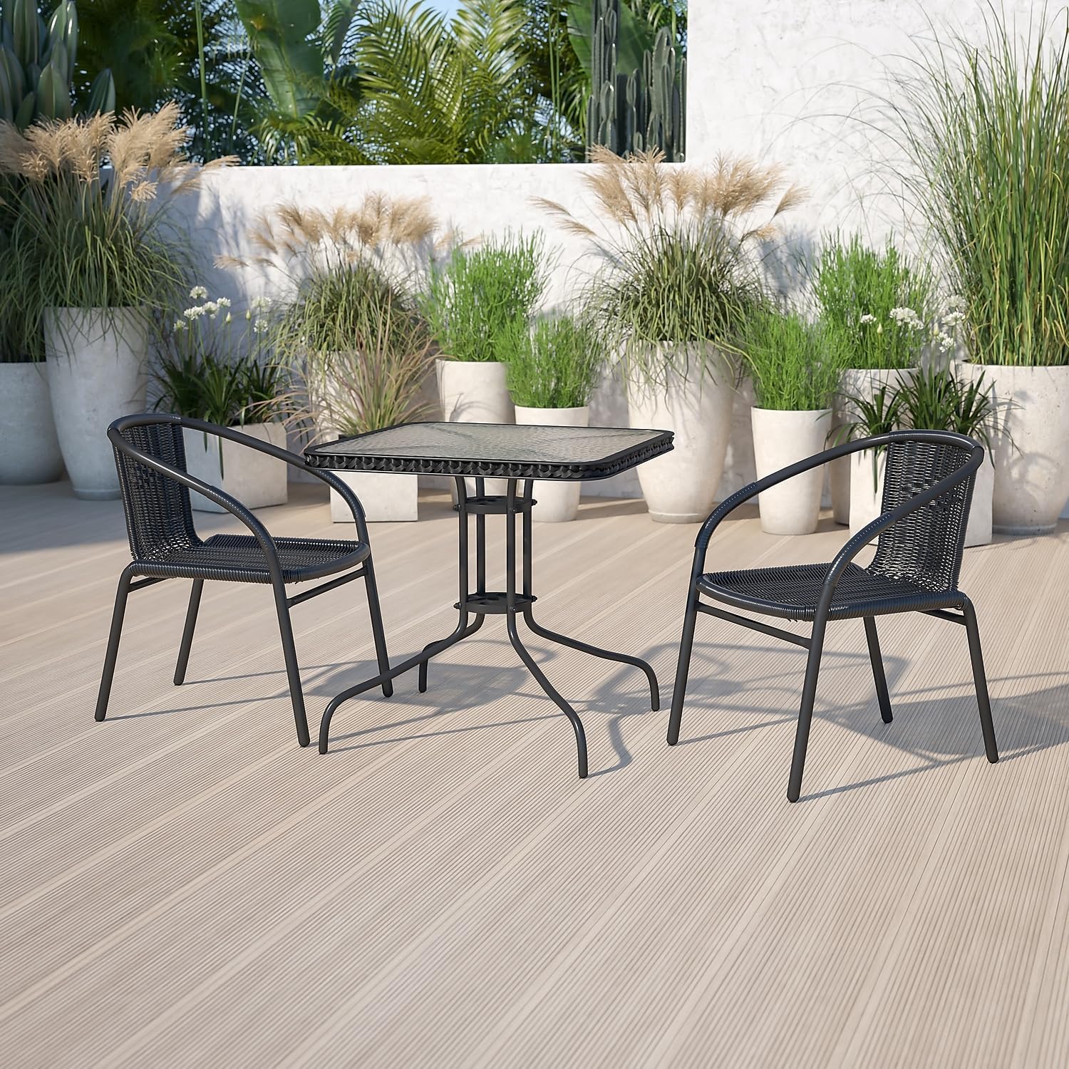 Flash Furniture Lila 28'' Square Glass Metal Table with Black Rattan Edging and 2 Black Rattan Stack Chairs