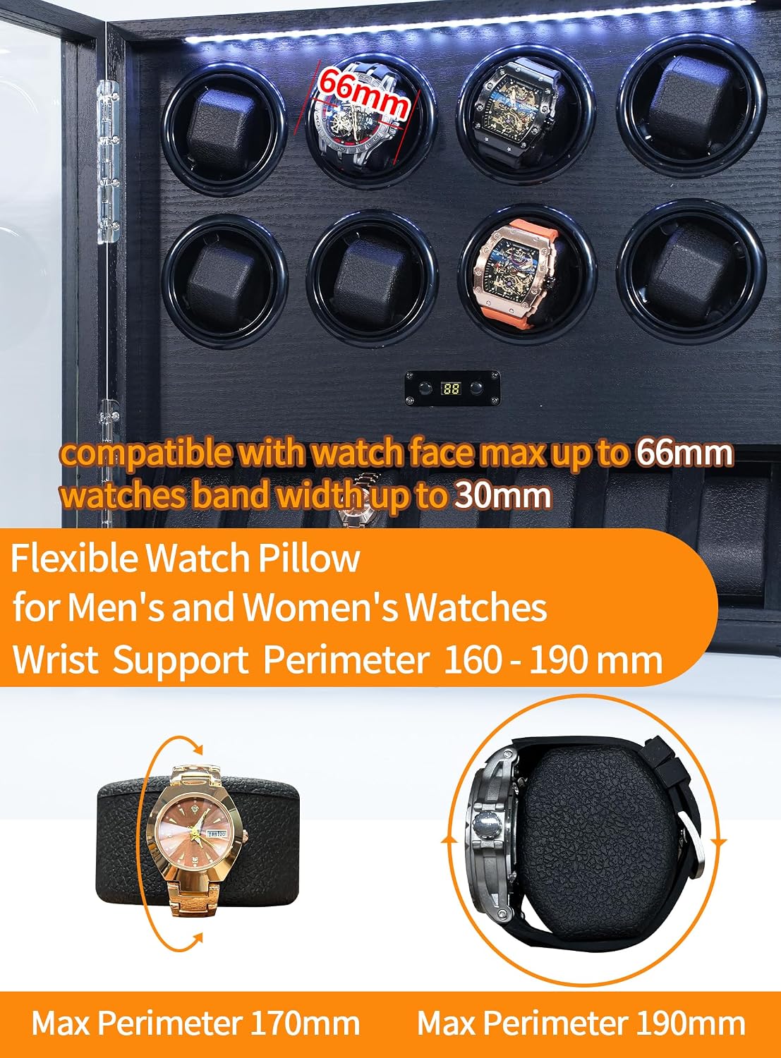Watch Winder for 2/4/6/8 Automatic Watches, Watch Rotator for Rolex 15 Rotation Modes Display Box White Light, Watches Winder Case with USB-C Adapter, Present for Men Quiet Mabuchi Motor(≤5db)
