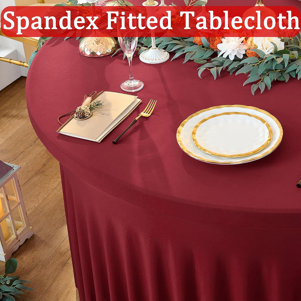 8 Pack Burgundy Round Spandex Tablecloth for 72 inch Table, Stretchy 132inch Fitted 6FT Round Table Cloths Maroon, Wrinkle Free Table Cover with Skirt for Wedding Birthday Christmas Party Banquet