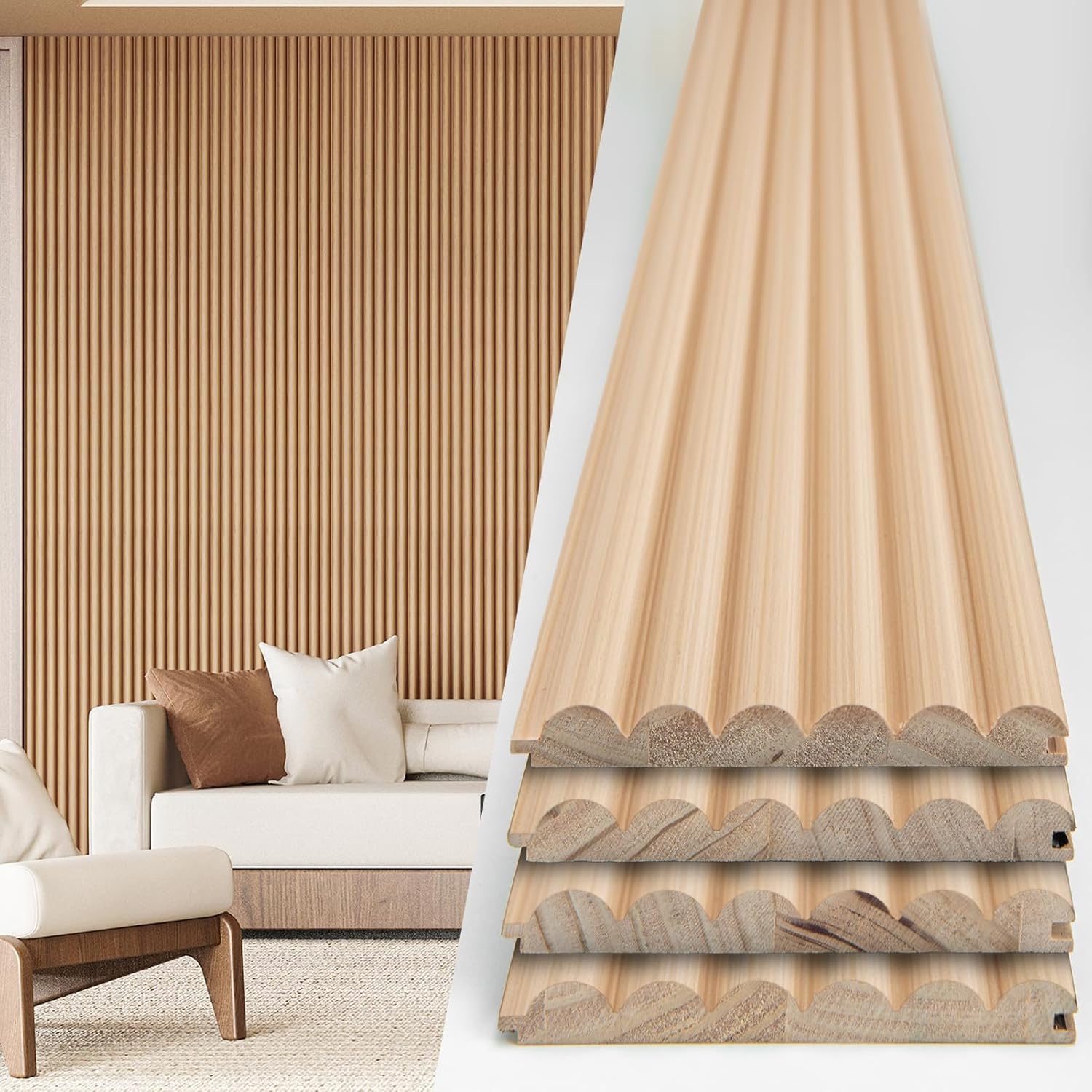 Art3d Fluted Wood Panel - 108 x 5.7 x 0.7in for Wall & Ceiling, Beaded Accent Molding for Home Decoration, Pack of 4pcs + 1pc End-Trim, Beaded Oak