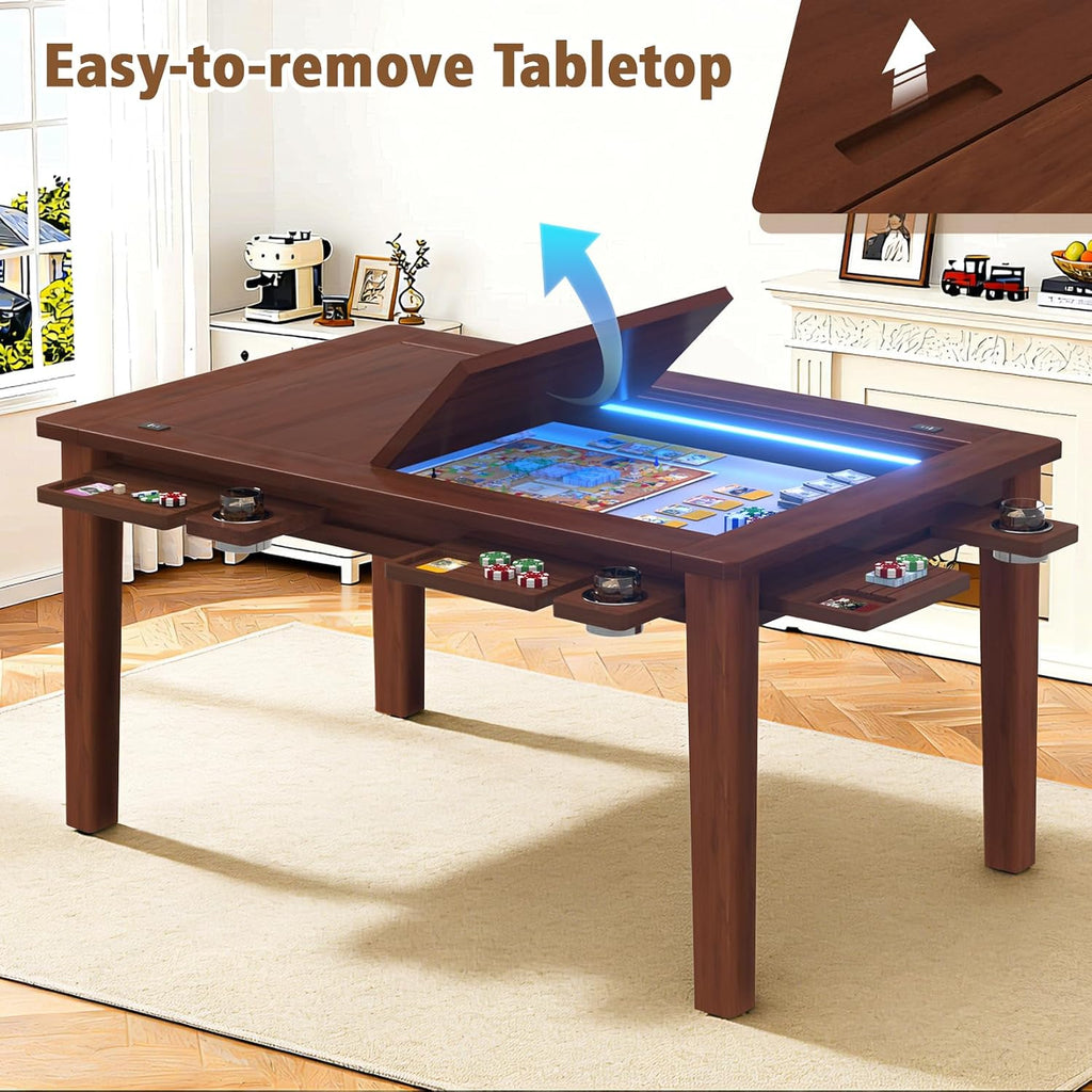 Haddockway Solid Wood Board Game Table with Colorful Led Lights, Dining/Gaming Table for 4-6 Players with Charge Station,Removable Top, Play Mat, 6 Cup Holders & Trays (Warm Walnut)