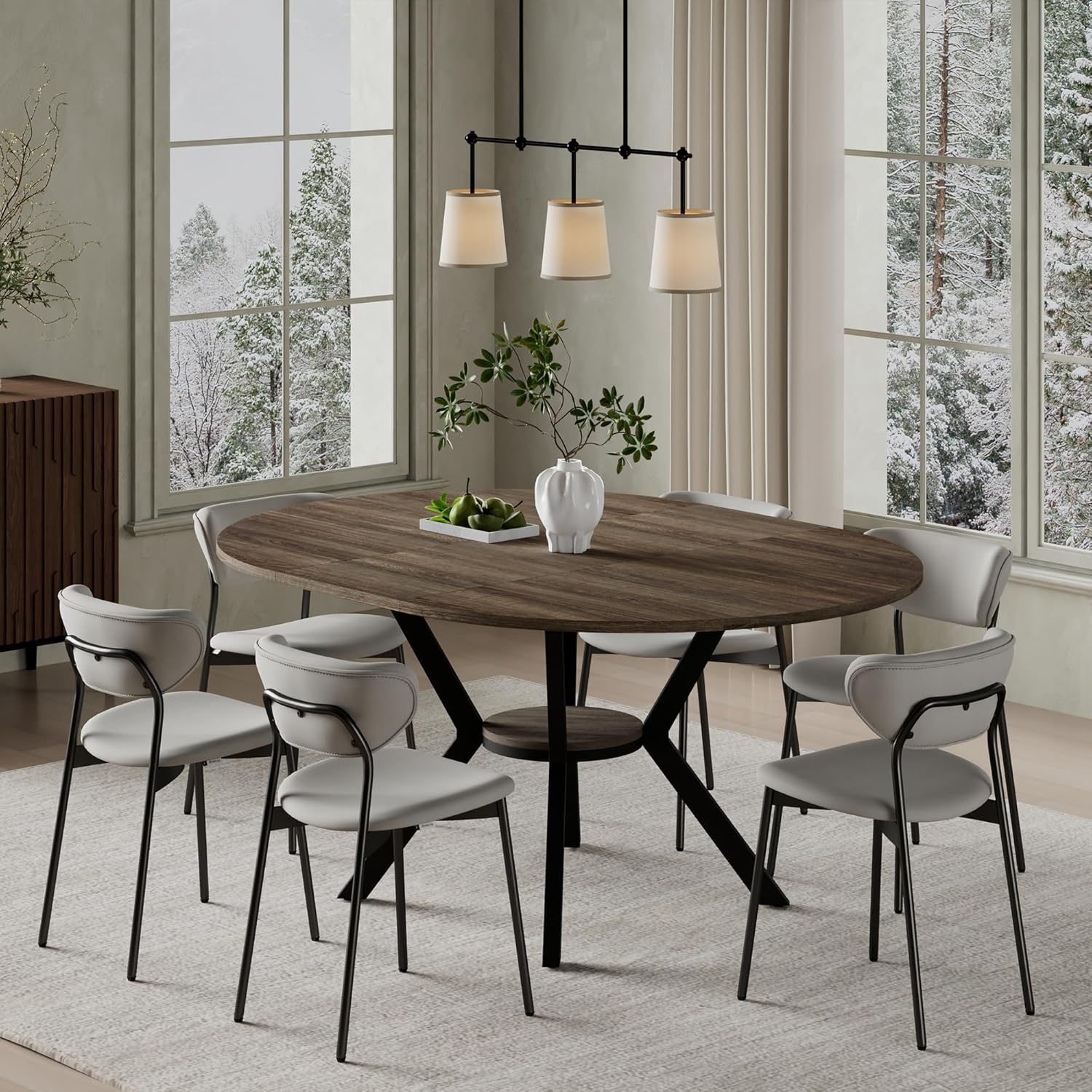 42'-58' Extendable Round Dining Table for 4-6, Kitchen Oval Table with Hidden Leaves & Storage Shelf, Space Saving Modern Design with Sturdy Metal Legs for Kitchen, Dining Room & Small Apartments