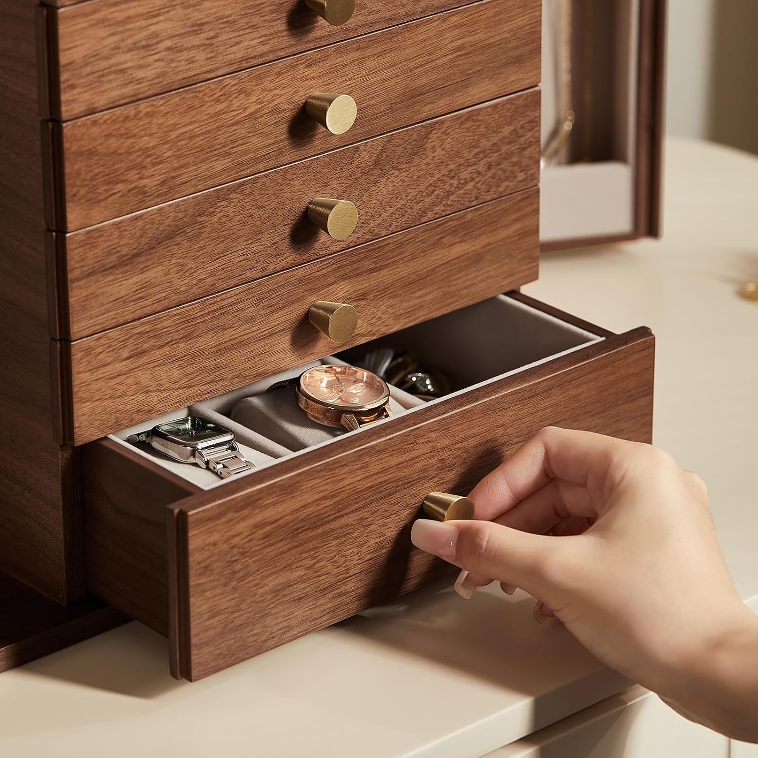 Black Walnut Wooden Jewelry Box, Wood Jewelry Organizer with 2 Side Doors Mirror Lockable Classical Style for Watch Necklace Ring Earring Storage, Ideal Gift-6 Layer