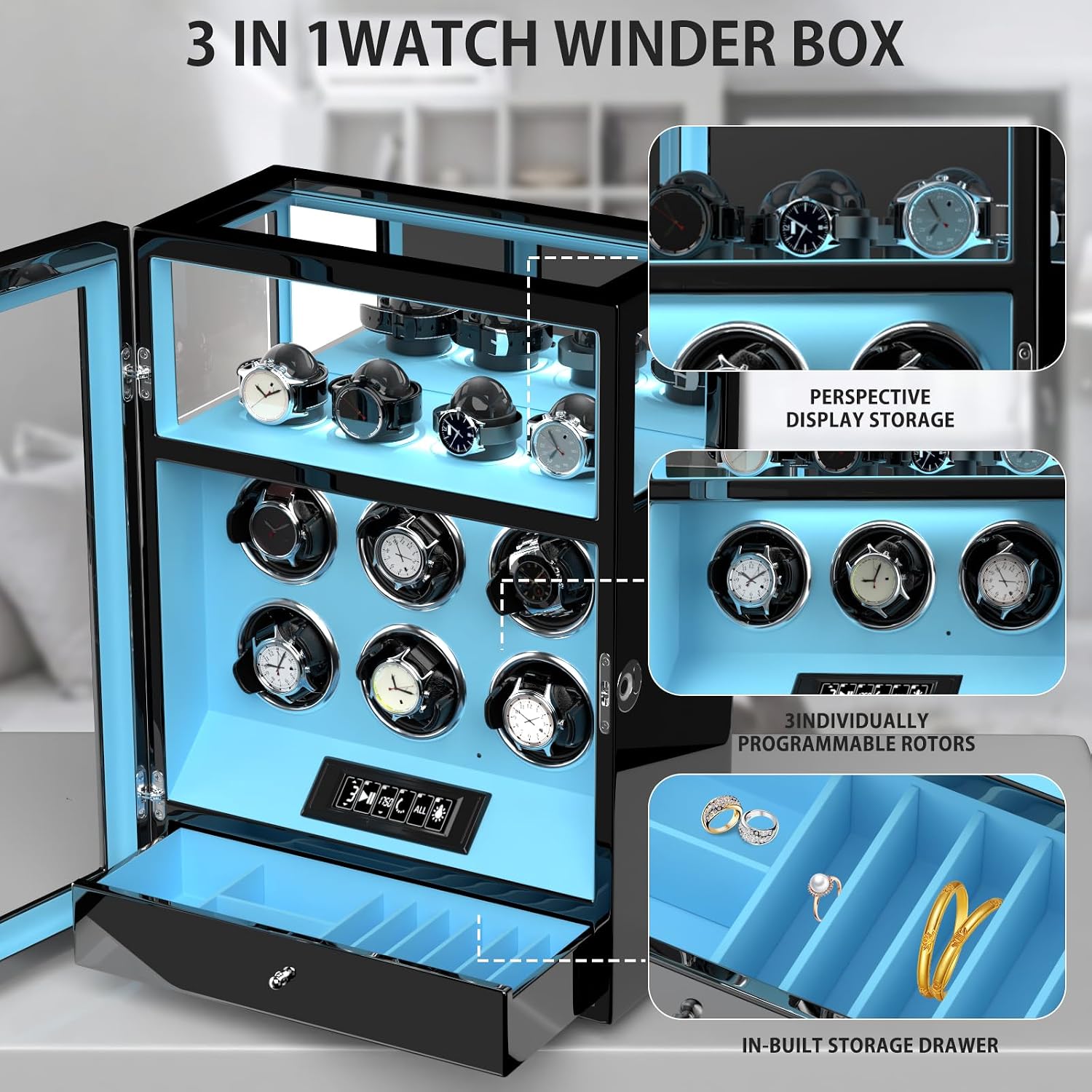 DUKWIN Watch Winder, Fingerprint Lock Automatic Watch Winder for 3/6/9 Watches with 4 Holders,300-2300 TPD,Digital Display, Remote Control,Jewelry Storage and Adjustable Watch Pillow and LED Light