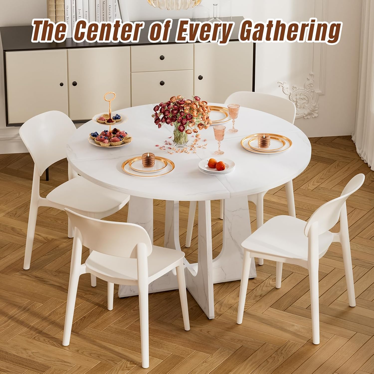 47' Round Dining Table for 4-6, Farmhouse Wood Kitchen Table, Mid-Century Wooden Circle Dinner Room Table Easy Assembly for Dining Room, Kitchen, Living Room (Faux Marble)