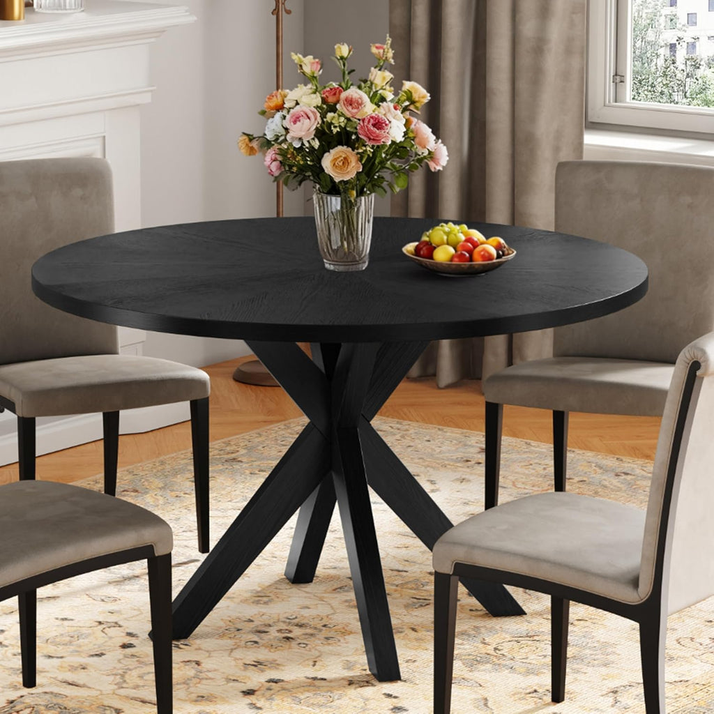 Solid Wood Round Dining Table for 4-6, Wooden Intersecting Pedestal Base, Rustic Round Dining Room Table for Home Dining Room, Kitchen, Living Room