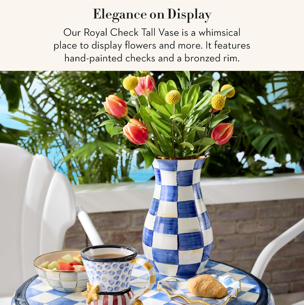 MACKENZIE-CHILDS Tall Enamel Vase, Unique Flower Vase, Decorative Table Decor for Living Room, Blue-and-White Royal Check
