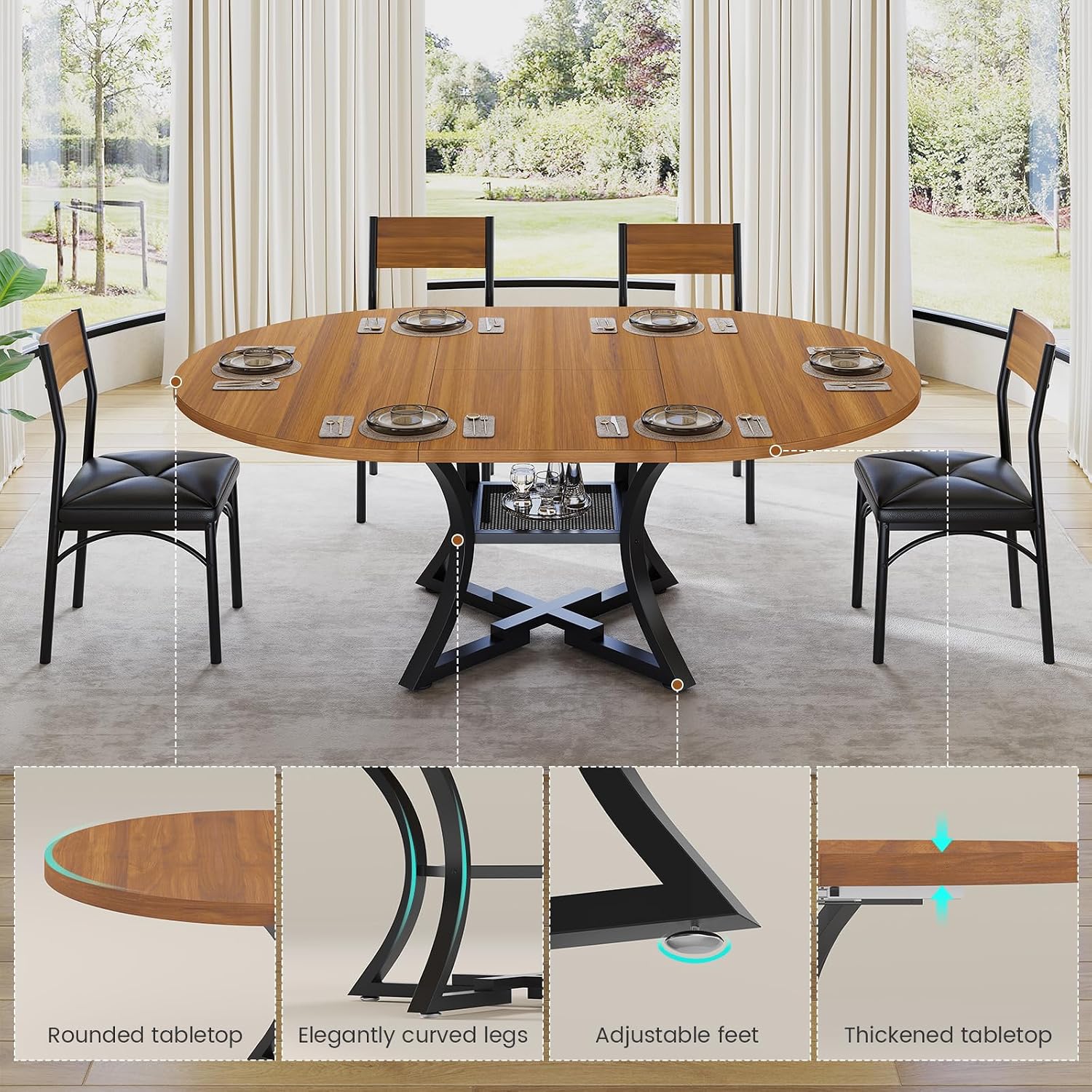 Itaar Round Extendable Dining Table Set for 4-6 People, 5-Piece Kitchen Table Set with 4 Cushion Chairs, Dining Room Table for 6 with MDF Board & Metal Frame for Small Space, Easy Clean, Brown