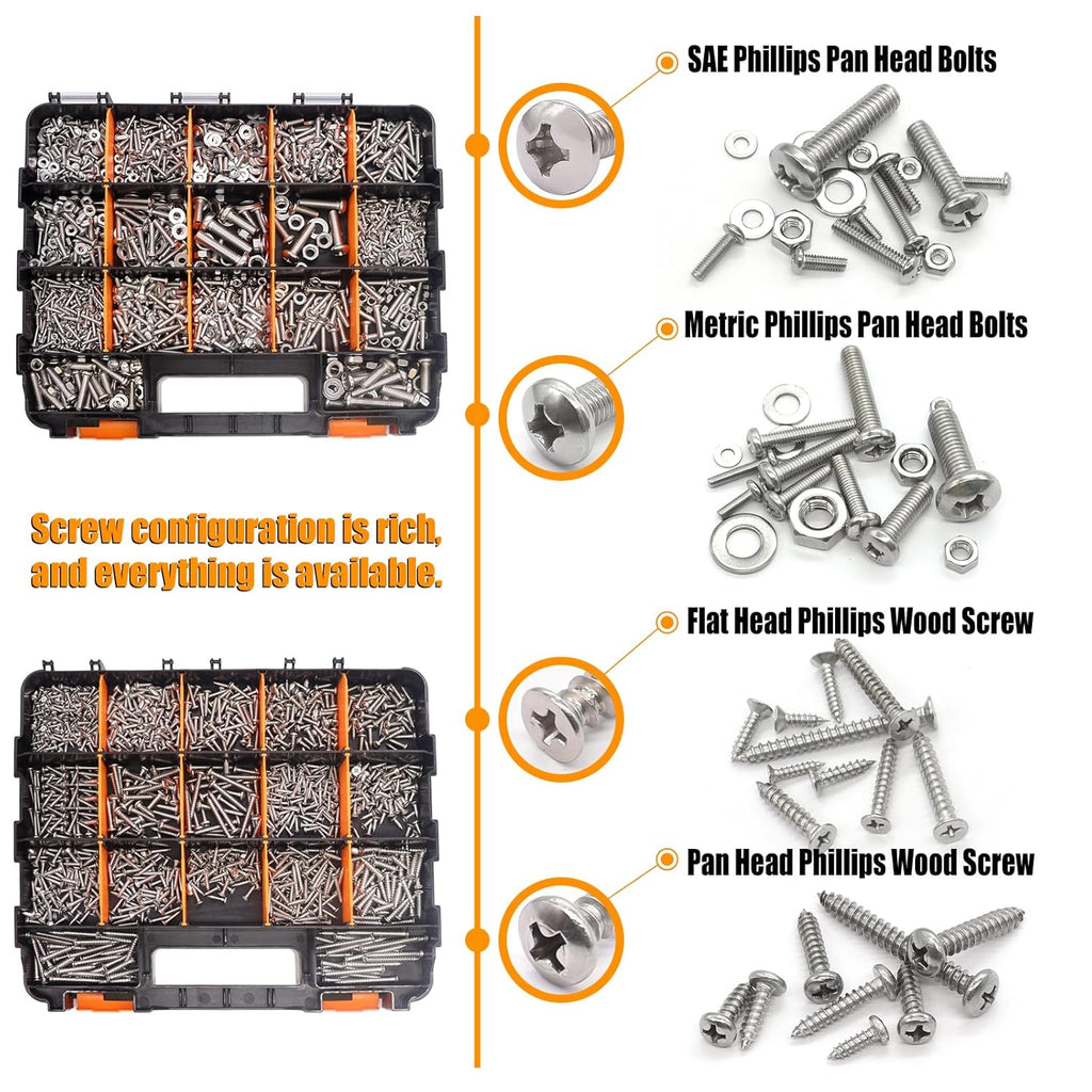 weideer 2002PCS Nuts and Bolts Assortment Kit,Stainless Steel Hardware Assortment Kit, Metric & SAE Phillips Pan Head and Flat Head Wood Screws with Nuts Washers Double Sided Organizer Box