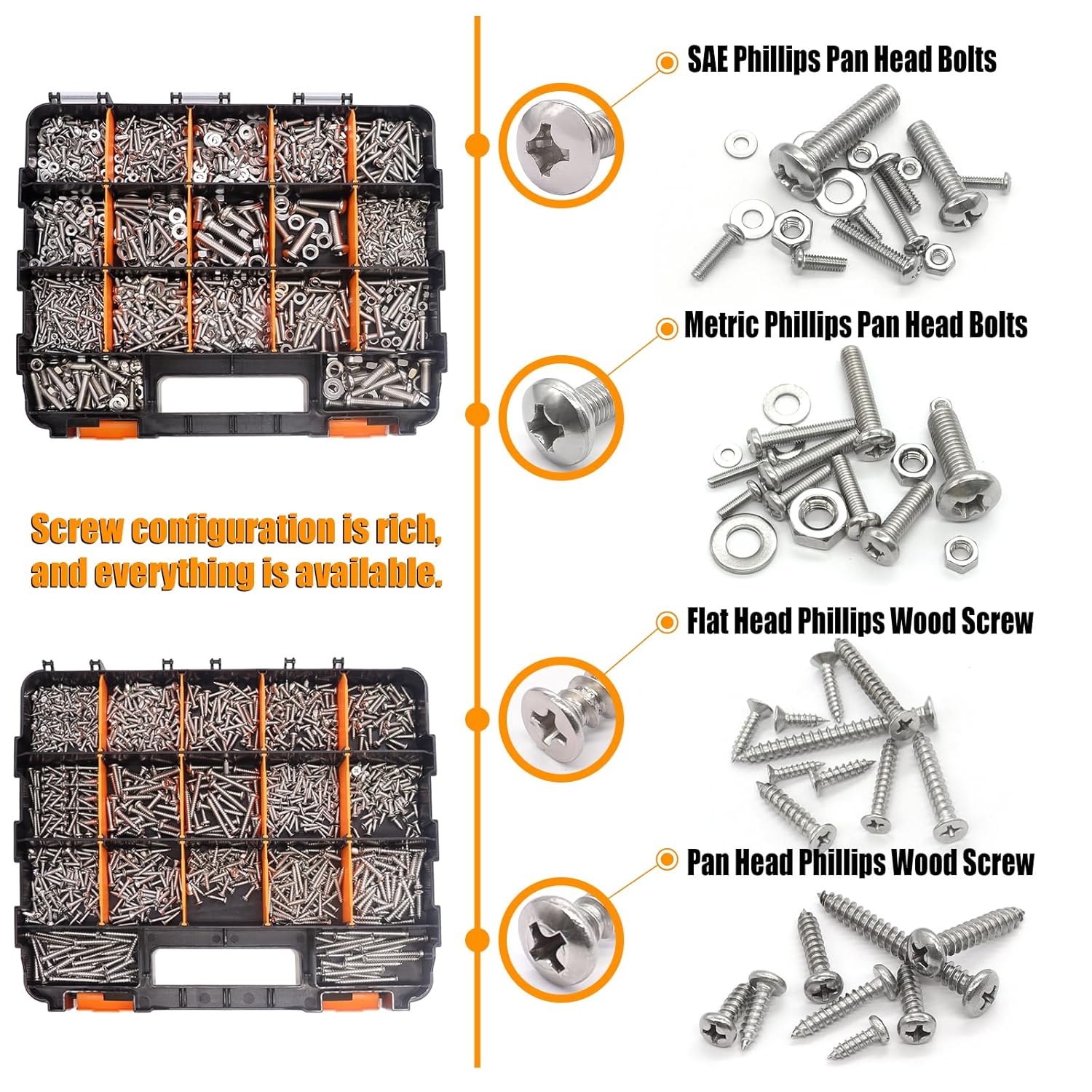 weideer 2002PCS Nuts and Bolts Assortment Kit,Stainless Steel Hardware Assortment Kit, Metric & SAE Phillips Pan Head and Flat Head Wood Screws with Nuts Washers Double Sided Organizer Box