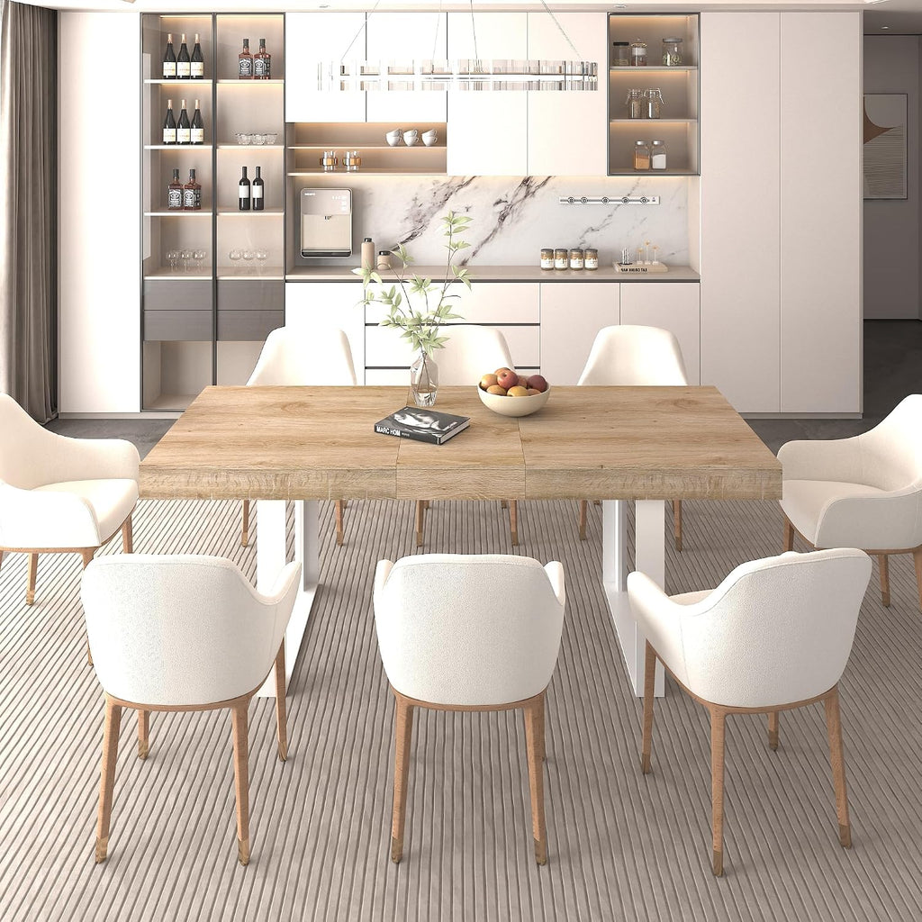 78.74'' Extendable Rectangular Dining Table for 4-8, Modern Mid-Century Farmhouse Wood Expandable Kitchen Dinner Conference Table for Living Room Office, White & Oak
