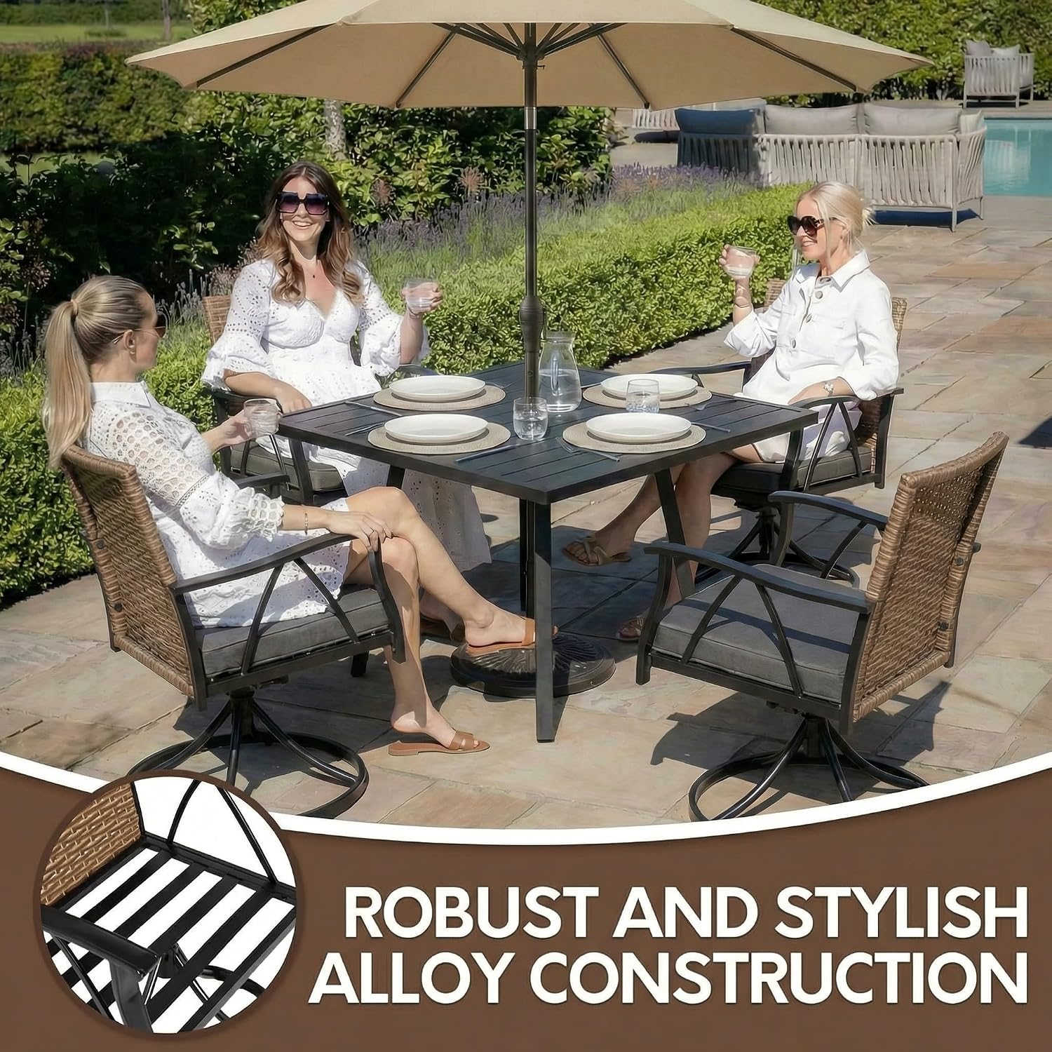5-Piece Patio Dining Set for 4，Outdoor Dining Set with Wicker Swivel Patio Dining Chairs with Cushions & 1 Black Square Woodgrain Dining Table with 1.75'Market Umbrella Hole, Black & Brown