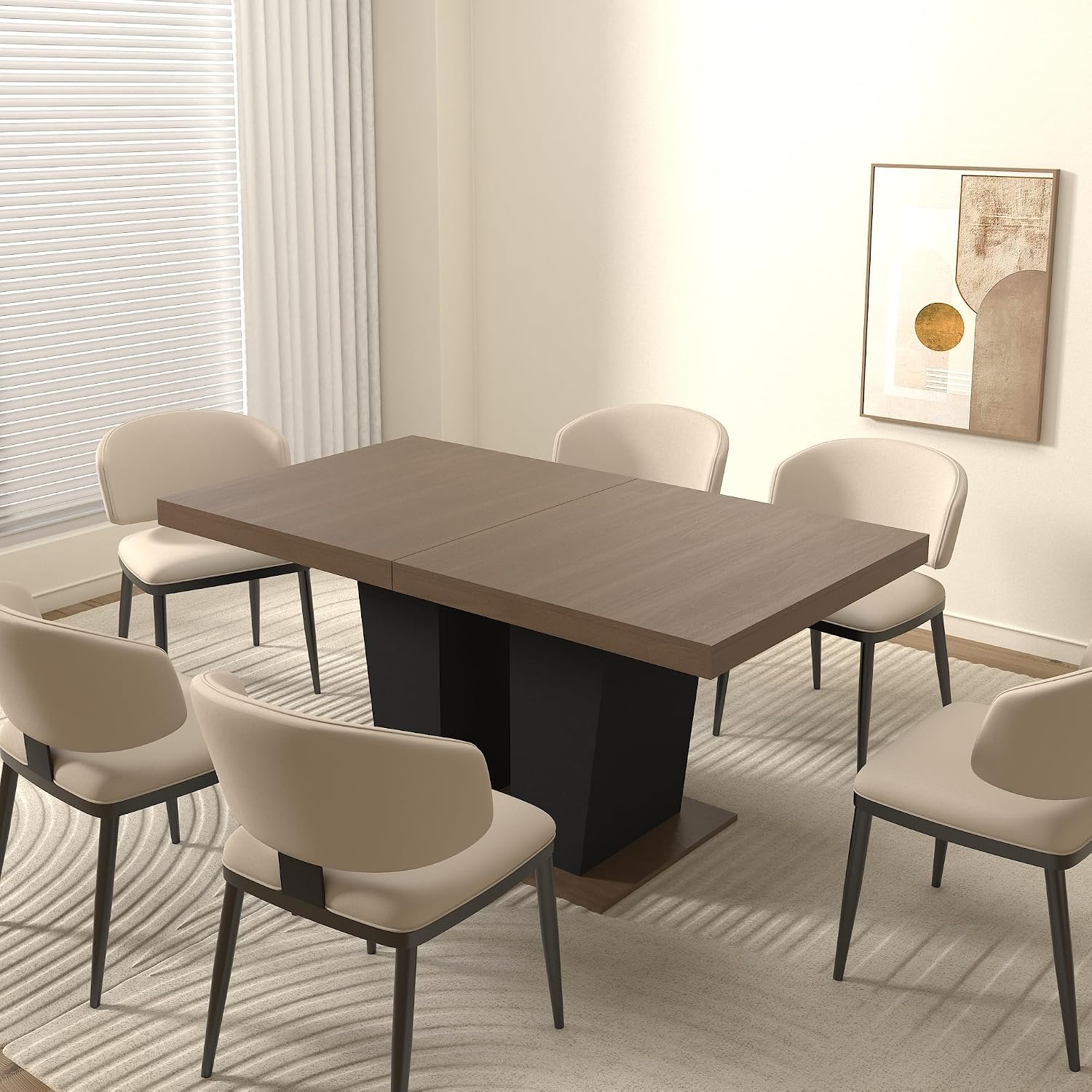 78.74'' Extendable Rectangular Dining Table for 4-8, Modern Mid-Century Wood Expandable Kitchen Dinner Conference Table for Living Room Office, 2 Widen Pedestal Base, Brown