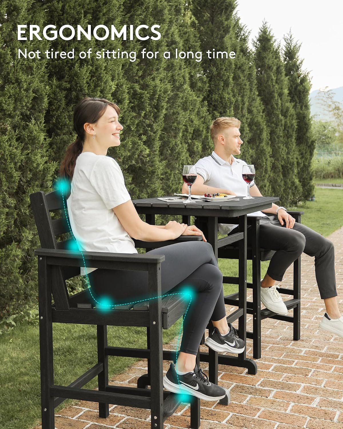 SERWALL Balcony Adirondack Chairs and Table 3 Pieces Set, Adirondack Bar Height Chairs Set of 2 and Bar Table, Outdoor Bar Stools Set for Bistro, Poolside, Backyard, Black