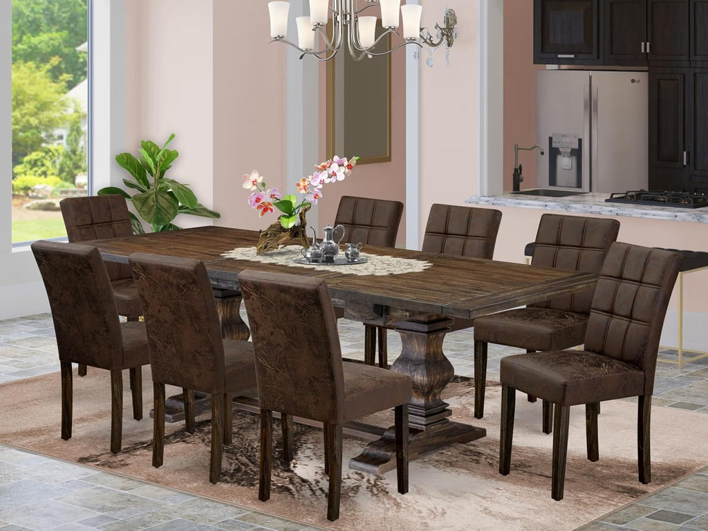East West Furniture LAAS9-07-T25 9 Piece Table Set Consists A Wood Dining Table and 8 Black Textured Polyester Fabric Parson Dining Chairs, Distressed Jacobean