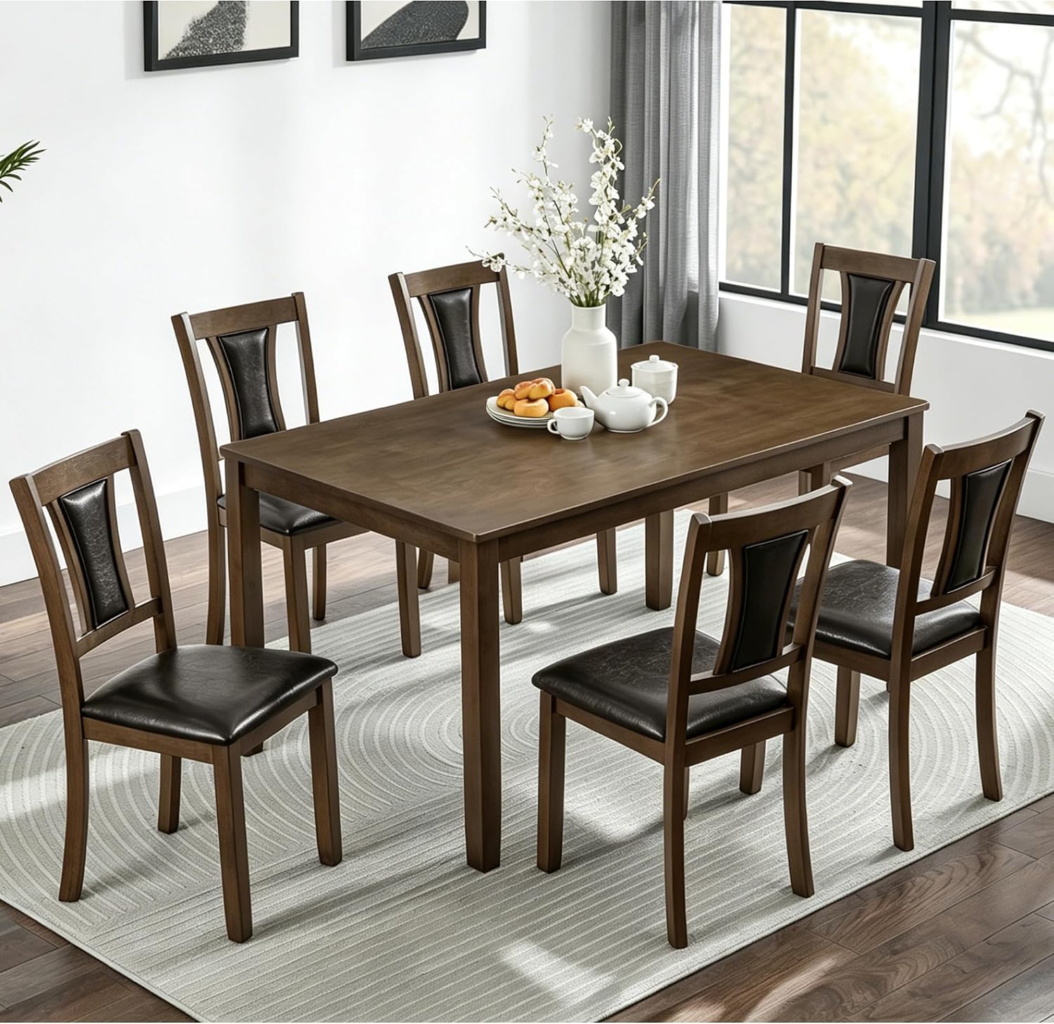 LUMISOL 7-Piece Modern Dining Table Set with Upholstered Chairs of 6, Wooden Rectangular Table for 6-8 People, Farmhouse Kitchen Set for Restaurant, Walnut