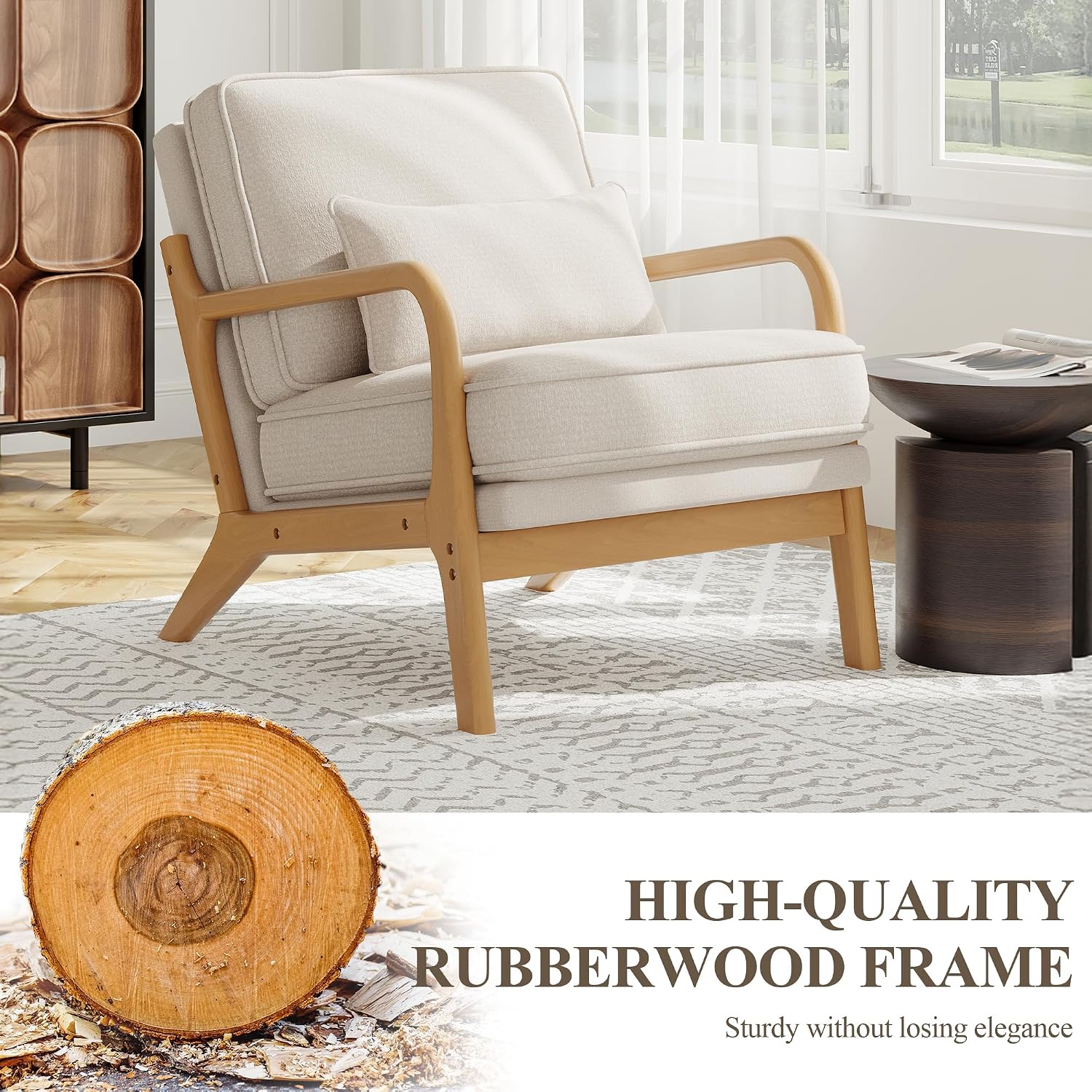 MALOL Mid-Century Accent Chair Set of 2 with Solid Wood Frame, Reading Relaxing Armchair Lumbar Pillow& Soft Cushion, Leisure Chair for Living Room, Bedroom, Waiting Room-Beige