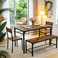 Karl home 4-Piece Dining Table Set for 4, Modern Kitchen Table Chairs Set for Small Space,Apartment, Storage Rack, Rectangular Table, Bench, 2 Chairs, Metal Frame-Retro Brown