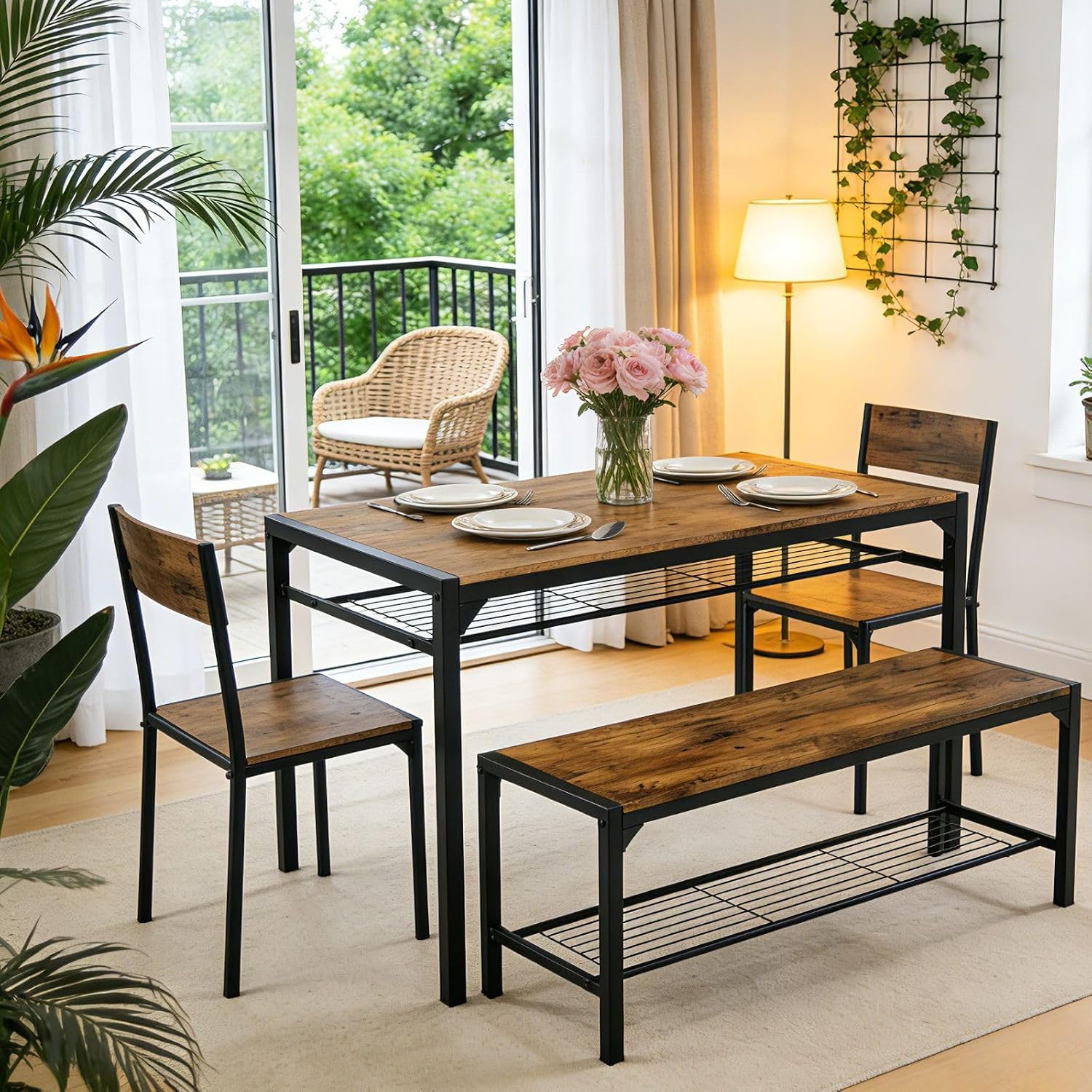 Karl home 4-Piece Dining Table Set for 4, Modern Kitchen Table Chairs Set for Small Space,Apartment, Storage Rack, Rectangular Table, Bench, 2 Chairs, Metal Frame-Retro Brown