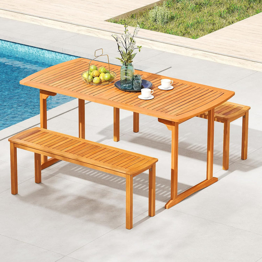 Tangkula 3 Piece Acacia Wood Patio Dining Table Set, 63' Large Patio Table & 2 Backless Benches w/Umbrella Hole, Farmhouse Indoor Outdoor Diner Furniture for Garden Poolside Deck Kitchen
