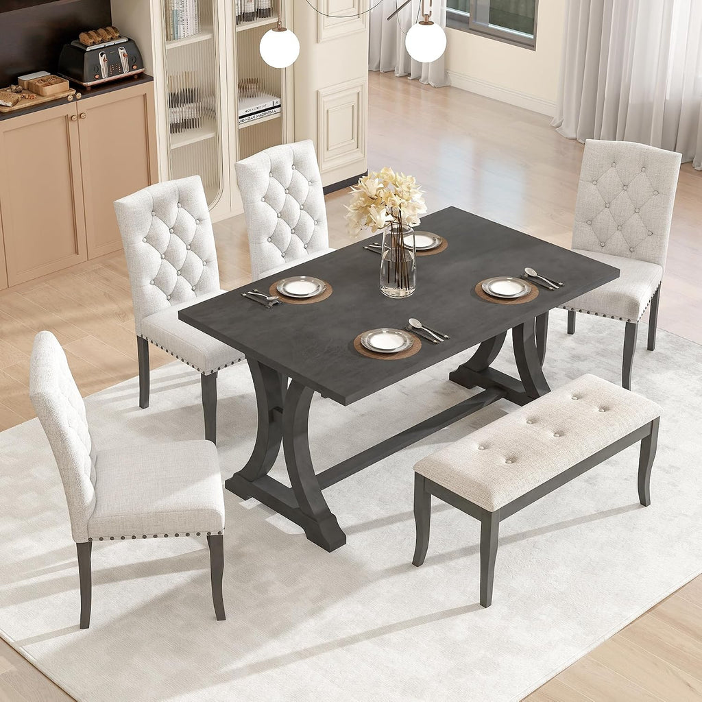Harper & Bright Designs Classic and Traditional Style 6 - Piece Dining Set, Includes Dining Table, 4 Upholstered Chairs & Bench(Antique Gray1)