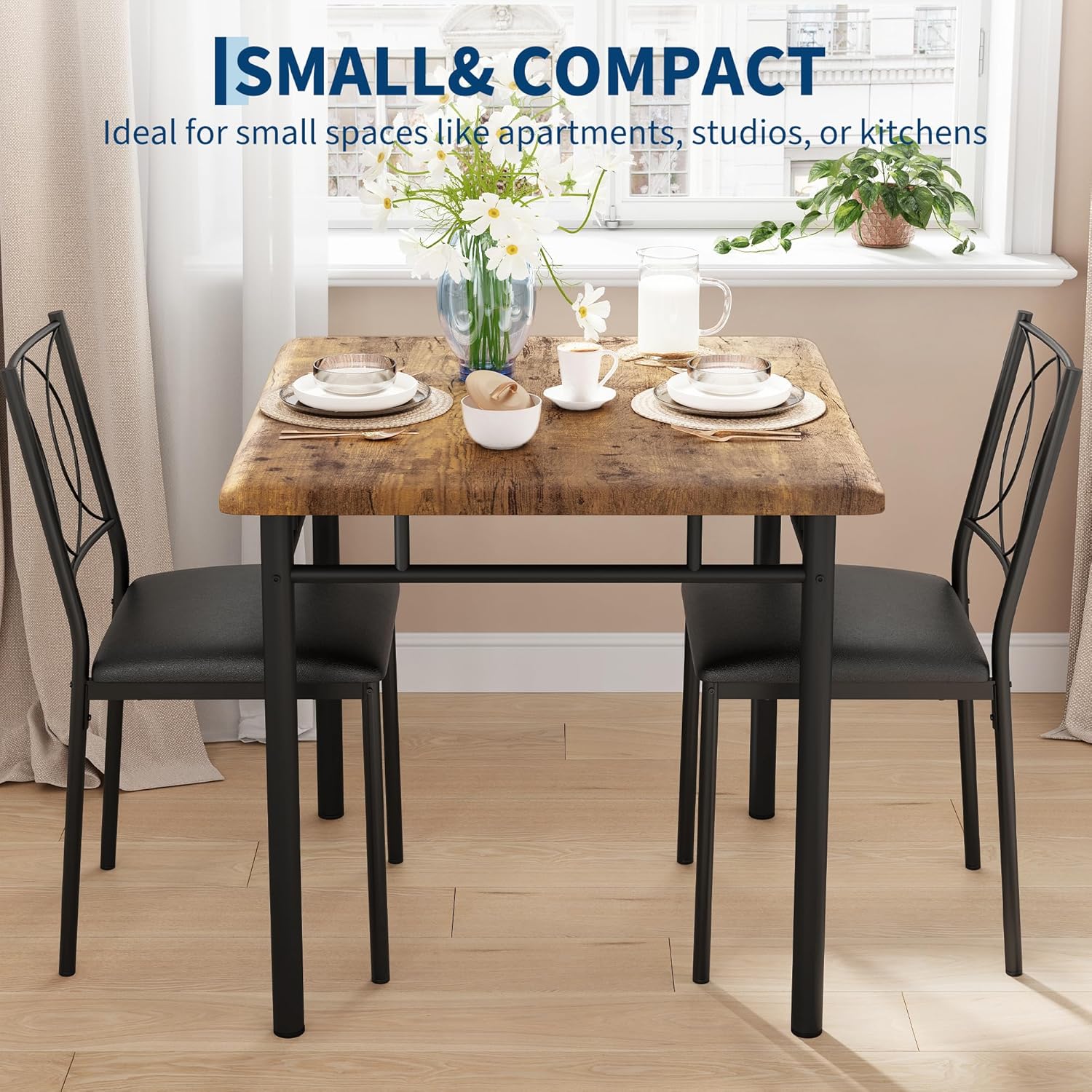 Garvee Dining Table Set for 2, Small Kitchen Table with Upholstered Chairs, Farmhouse Wood Dining Table Chairs for Kitchen Room, Small Spaces, Apartment, Brown