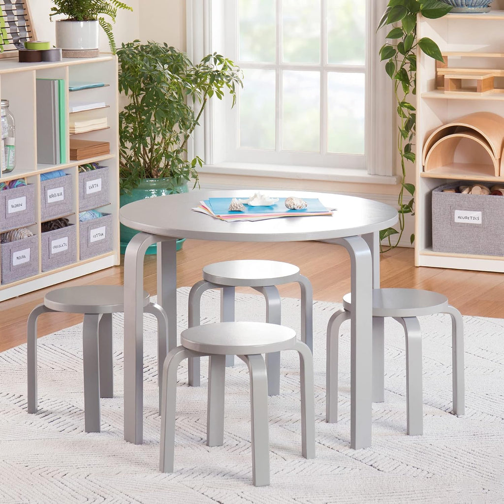 Guidecraft Nordic Table and Stools Set for Toddlers: Gray - Stacking Bentwood Stools with Curved Wood Activity Play Table - Toddler's Modern Kitchen, Playroom and Classroom Furniture