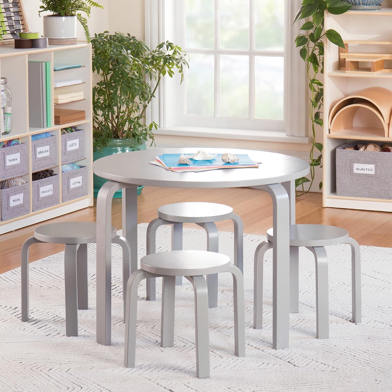 Guidecraft Nordic Table and Stools Set for Toddlers: Gray - Stacking Bentwood Stools with Curved Wood Activity Play Table - Toddler's Modern Kitchen, Playroom and Classroom Furniture