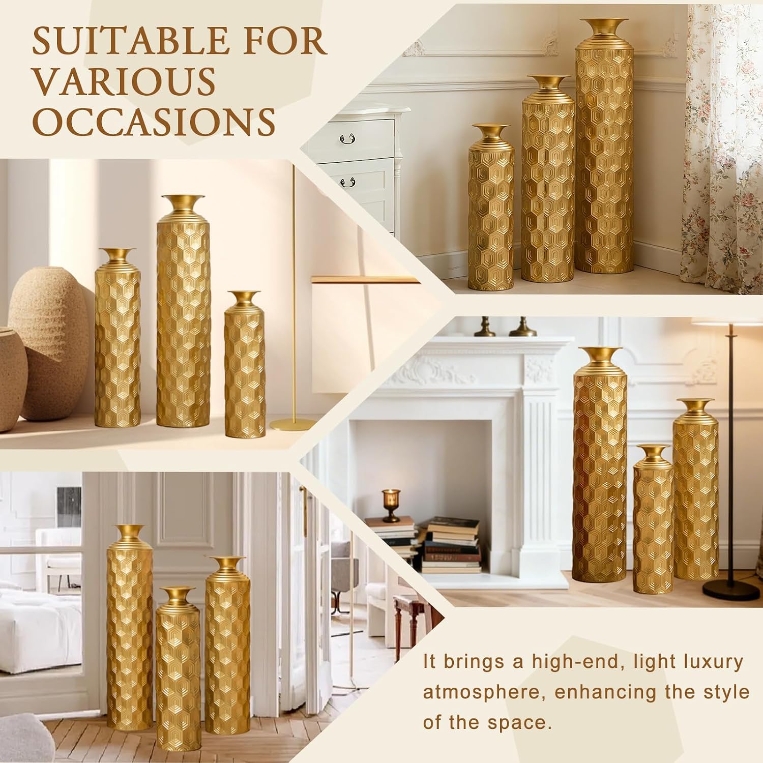 Set of 3 Gold Geometric Metal Floor Vases, 33.46' 25.59' 19.69' Tall Decorative Vase with Honeycomb Texture, Luxury Glam Floor Vase for Living Room, Entryway, Office, Pampas Grass & Dried Flower Decor