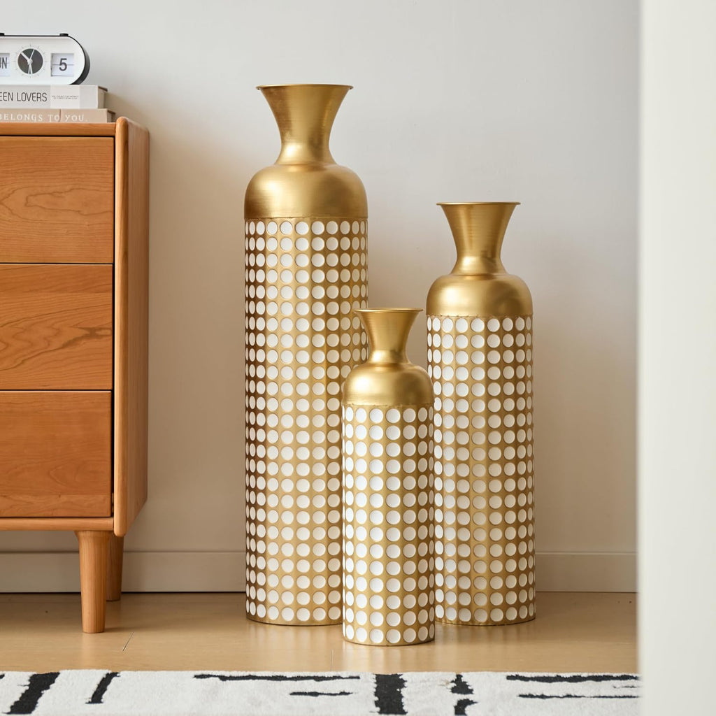 Floor Metal Decorated Vases Set of 3 for Gorgeous Home Decoration Large Glazed Metal Vases (Antique Brass+White + Metal)