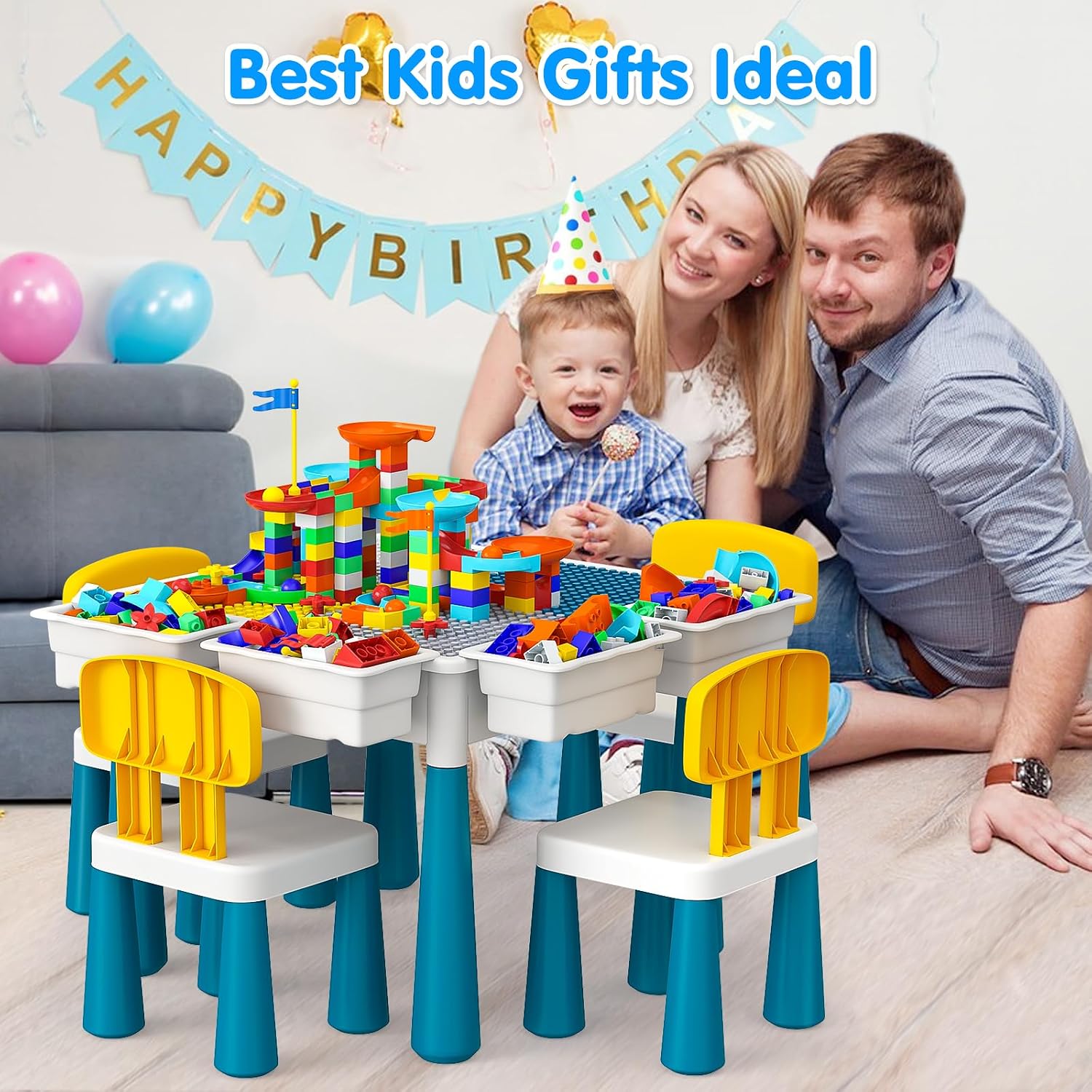 OCATO Toddlers Kids Table and 4 Chairs Set: Activity Table with 152Pcs Large Marble Run Building Blocks Storage All in One Play Sensory Water Tables Sand Tables for Boys Girls 3 4 5 6 Year Old