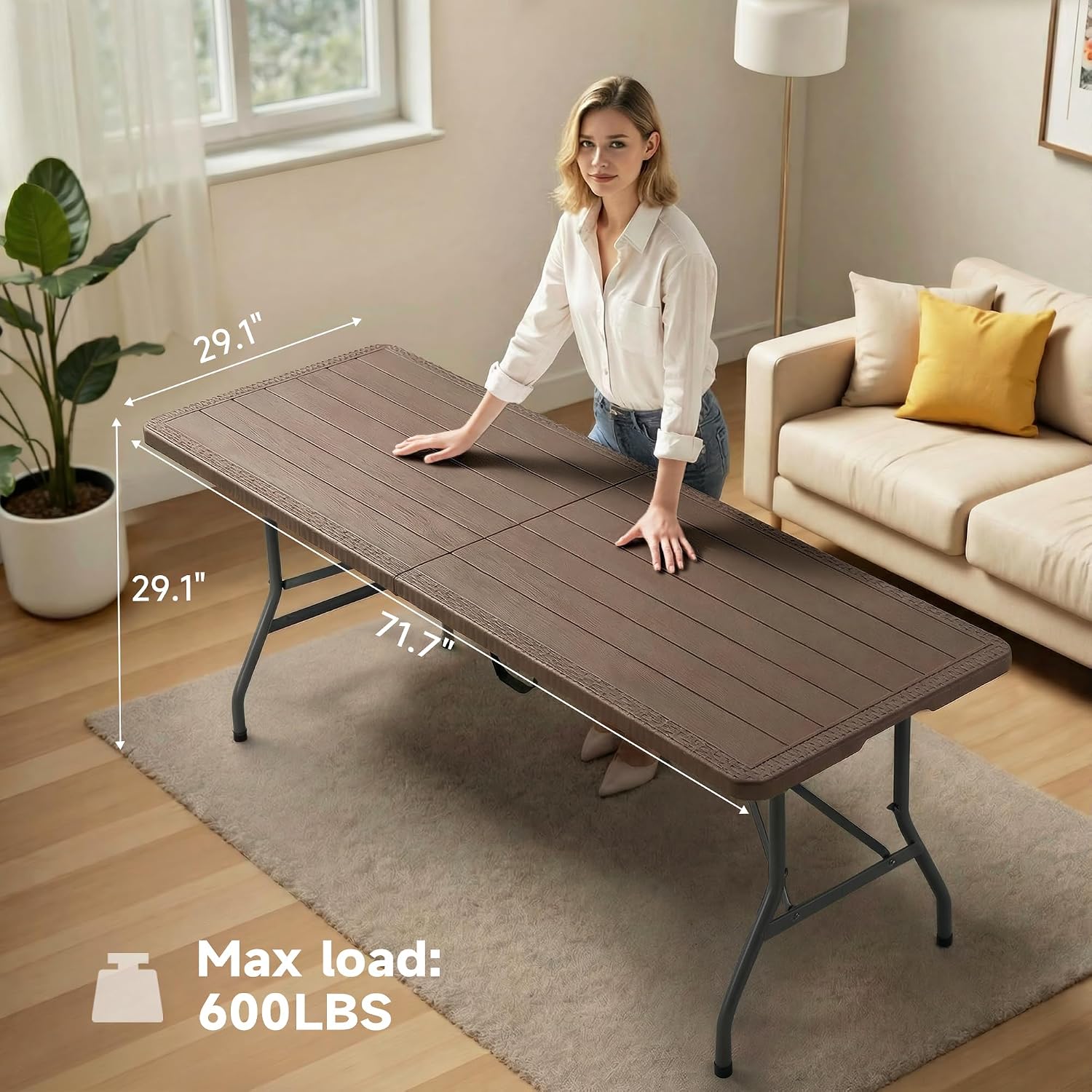 Folding Table 6 Foot, Heavy Duty 600LBS Capacity, HDPE Wood Grain Pattern, Sturdy Design with Safety Lock, Portable Tables Folding for Camping, Party, Indoor & Outdoor Use, 2 Pack