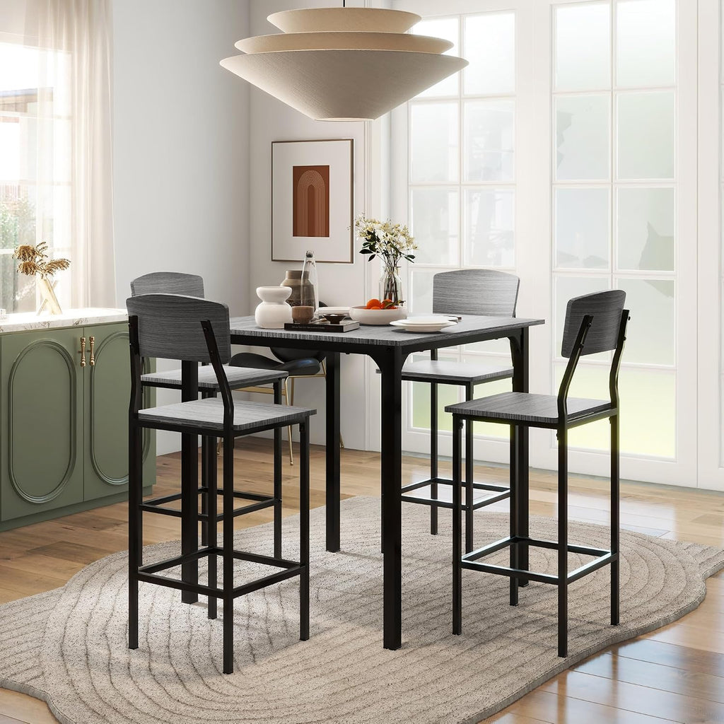 HOMCOM 5-Piece Counter Height Bar Table with Space-Saving Design, Square Kitchen Table and Chairs Set with Footrest, Metal Legs, Industrial Dining Table Set for 4, Gray