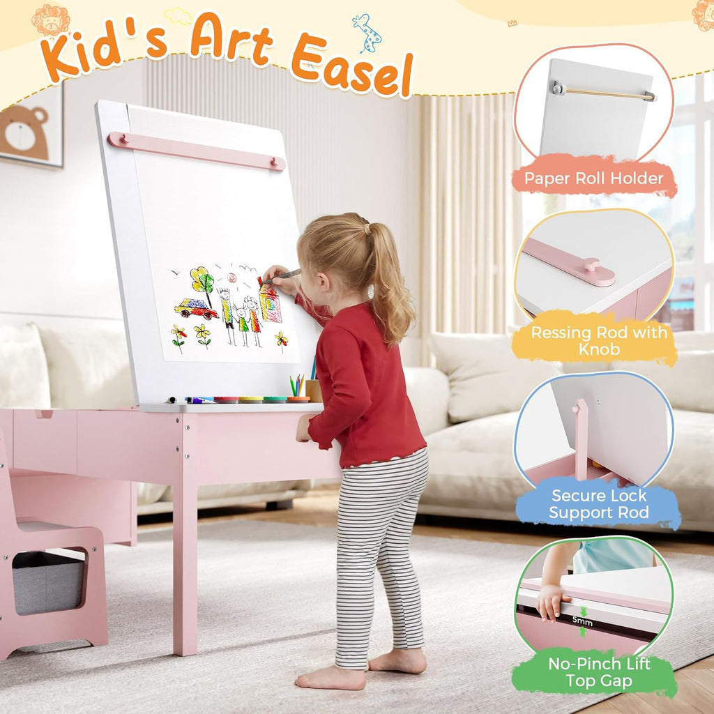 5-in-1 Kids Art Table and Chairs, Wood Toddler Table and Chair Set with Storage Drawers, Craft Play Desk for Kids, Convertible Art Easel with Paper Roll Holder, Children Activity Learning Center-Pink