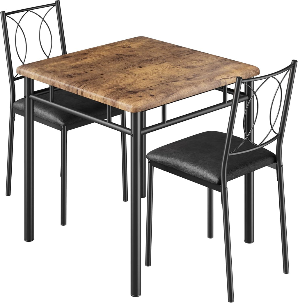 Garvee Dining Table Set for 2, Small Kitchen Table with Upholstered Chairs, Farmhouse Wood Dining Table Chairs for Kitchen Room, Small Spaces, Apartment, Brown
